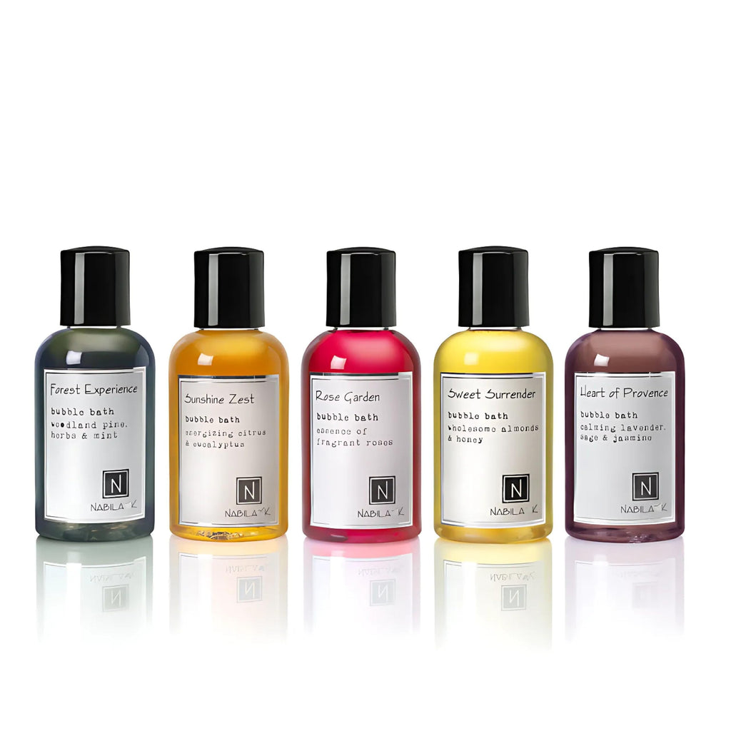 Nabila K Assorted Travel Size Bubble Bath Collection (Set of 5) – Forest Experience, Sunshine Zest, Rose Garden, Sweet Surrender, Heart of Provence – 2 oz each