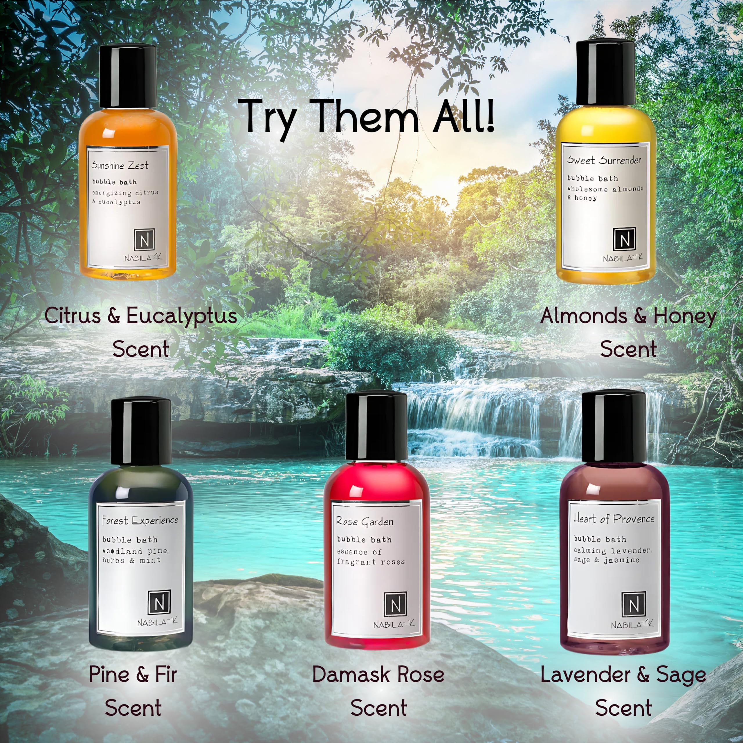 Nabila K Assorted Travel Size Bubble Bath Collection (Set of 5) – Forest Experience, Sunshine Zest, Rose Garden, Sweet Surrender, Heart of Provence – 2 oz each