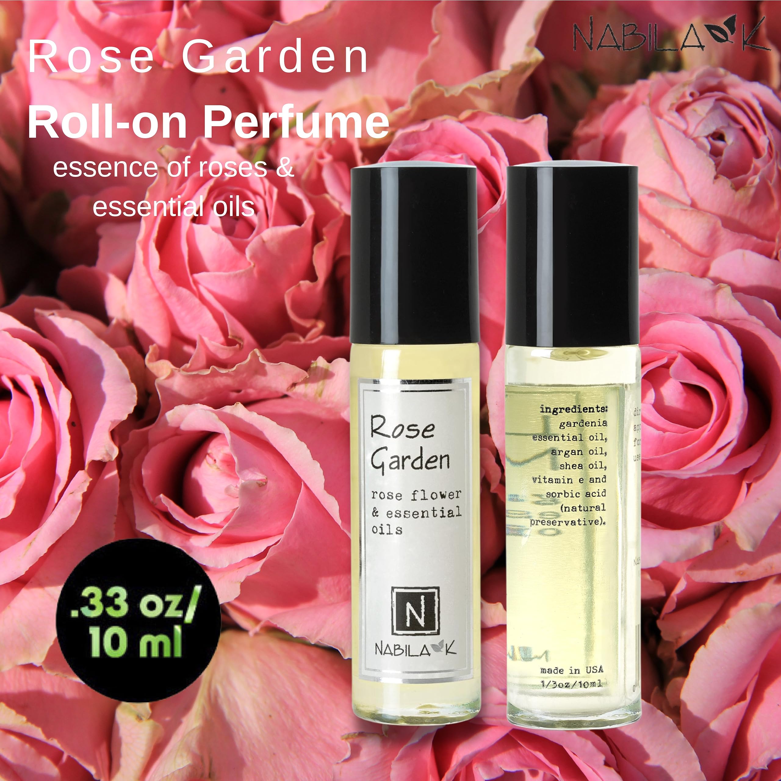 Nabila K Rose Garden Roll-On Perfume – Alcohol-Free, Organic Rose Essential Oil, TSA-Approved 0.33 oz / 10 ml
