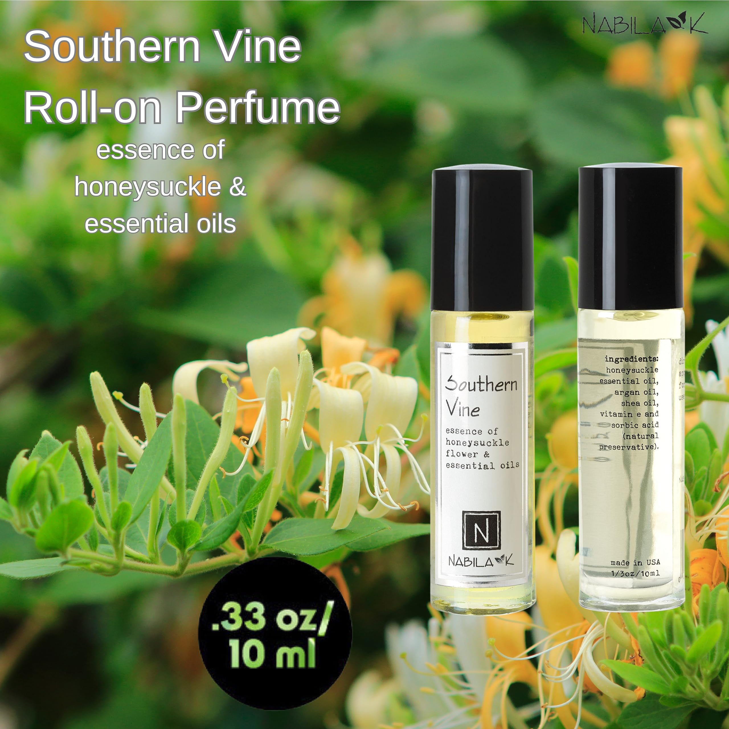 Nabila K Southern Vine Roll-On Perfume – Alcohol-Free Honeysuckle, Organic, TSA-Approved 0.33 oz