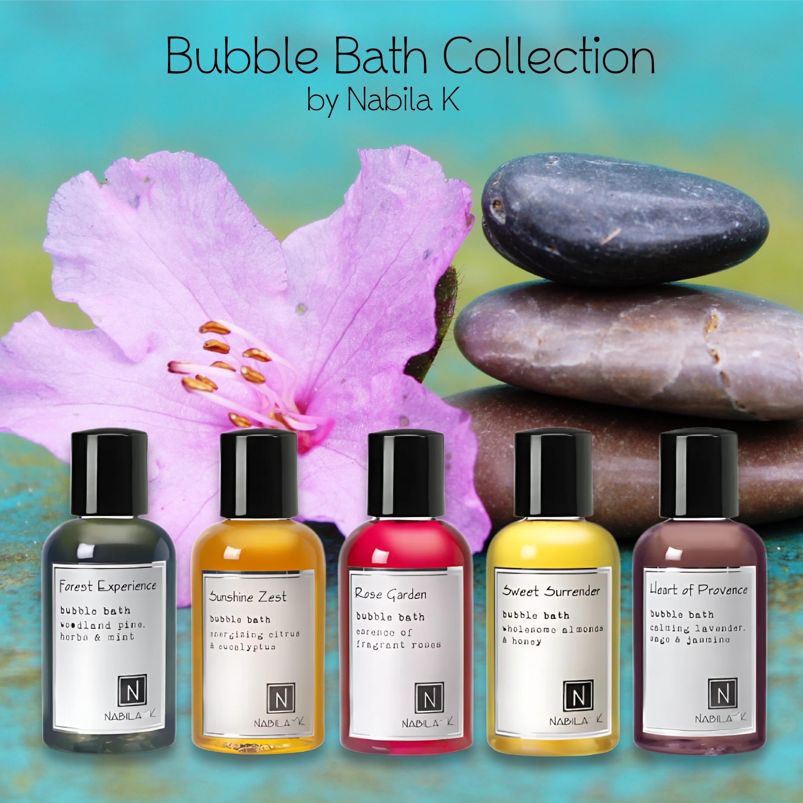 Nabila K Assorted Travel Size Bubble Bath Collection (Set of 5) – Forest Experience, Sunshine Zest, Rose Garden, Sweet Surrender, Heart of Provence – 2 oz each