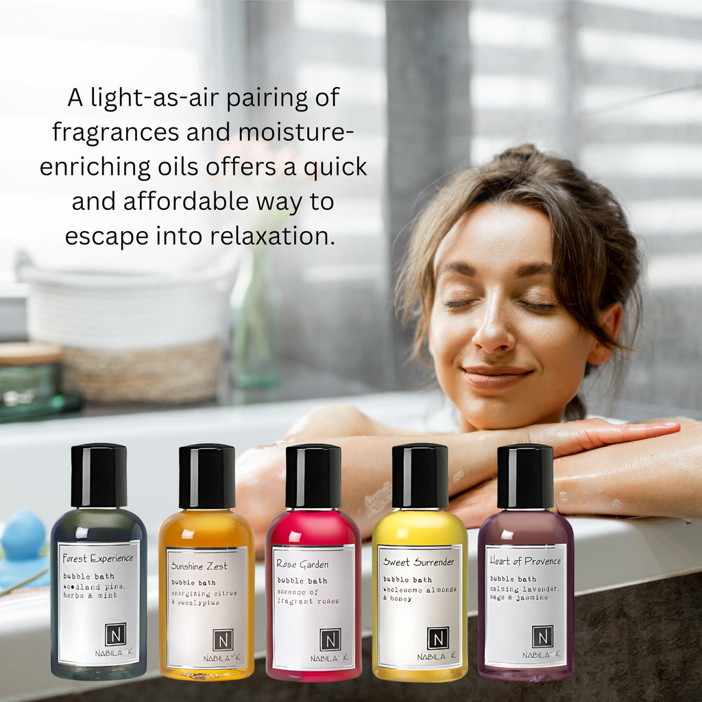 Nabila K Assorted Travel Size Bubble Bath Collection (Set of 5) – Forest Experience, Sunshine Zest, Rose Garden, Sweet Surrender, Heart of Provence – 2 oz each