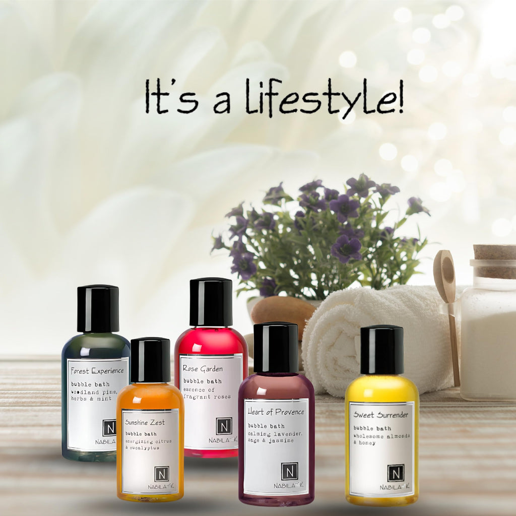 Nabila K Assorted Travel Size Bubble Bath Collection (Set of 5) – Forest Experience, Sunshine Zest, Rose Garden, Sweet Surrender, Heart of Provence – 2 oz each