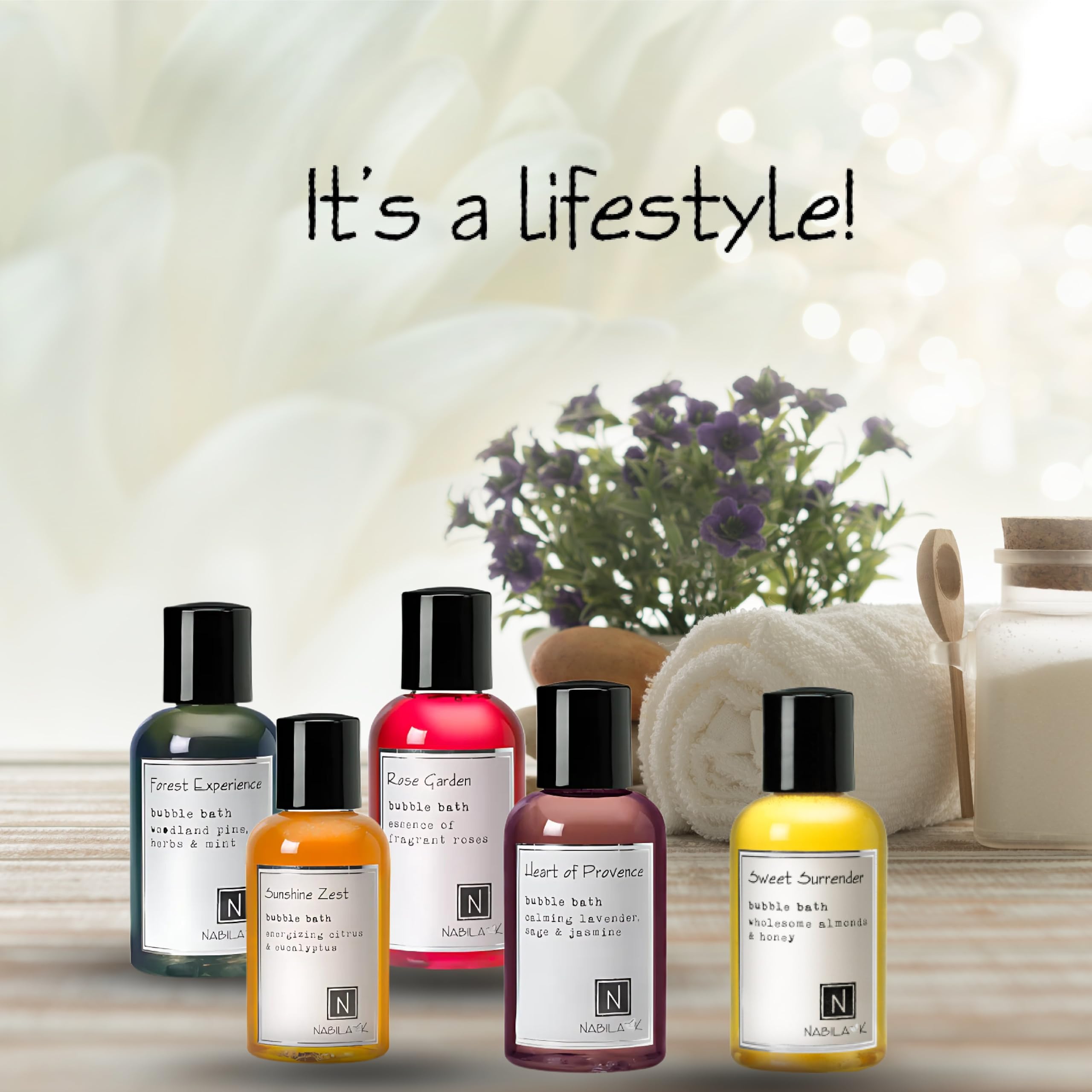 Nabila K Assorted Travel Size Bubble Bath Collection (Set of 5) – Forest Experience, Sunshine Zest, Rose Garden, Sweet Surrender, Heart of Provence – 2 oz each