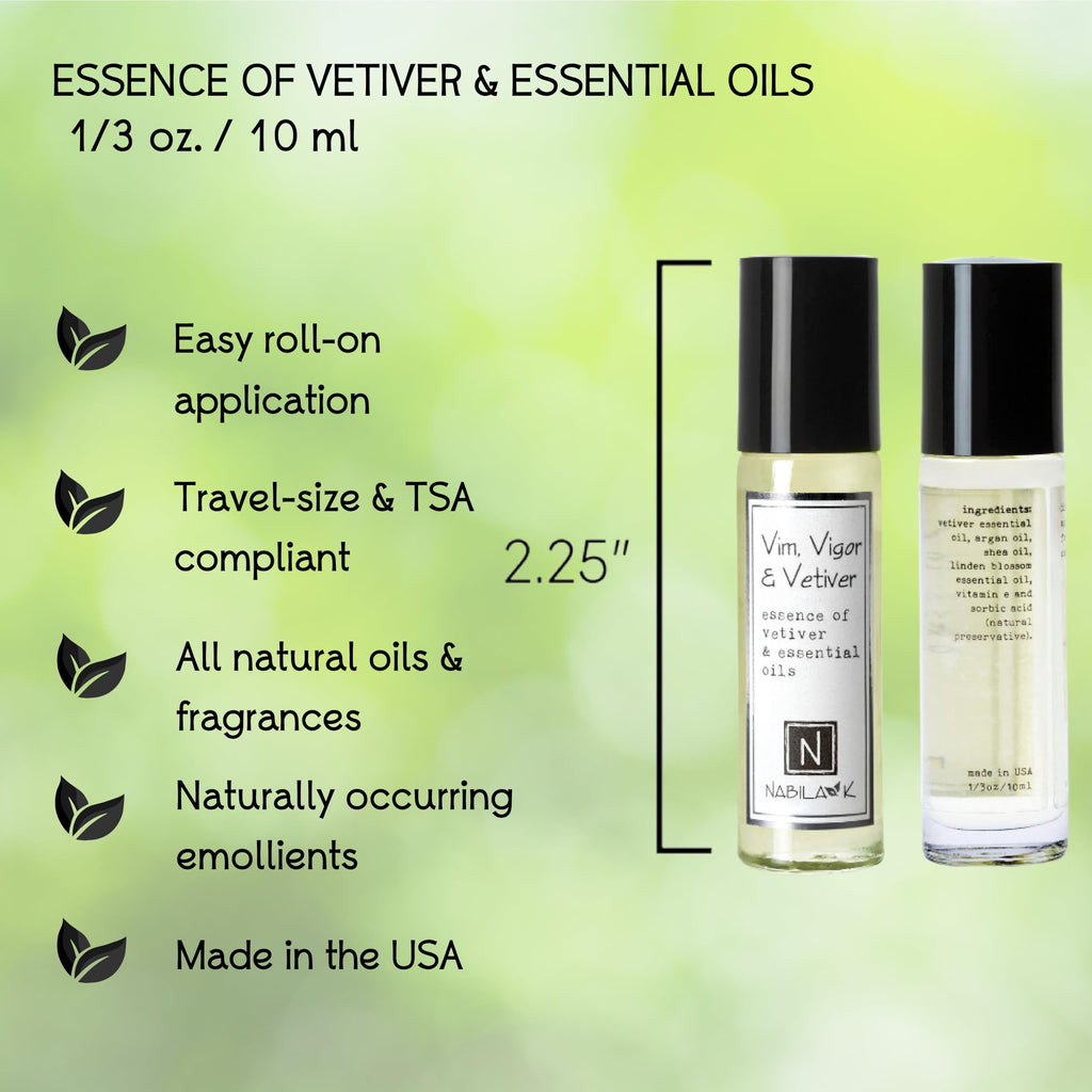 Nabila K Vim, Vigor & Vetiver Roll-On Perfume – Alcohol-Free, All-Natural, Organic, 0.33 oz / 10 ml