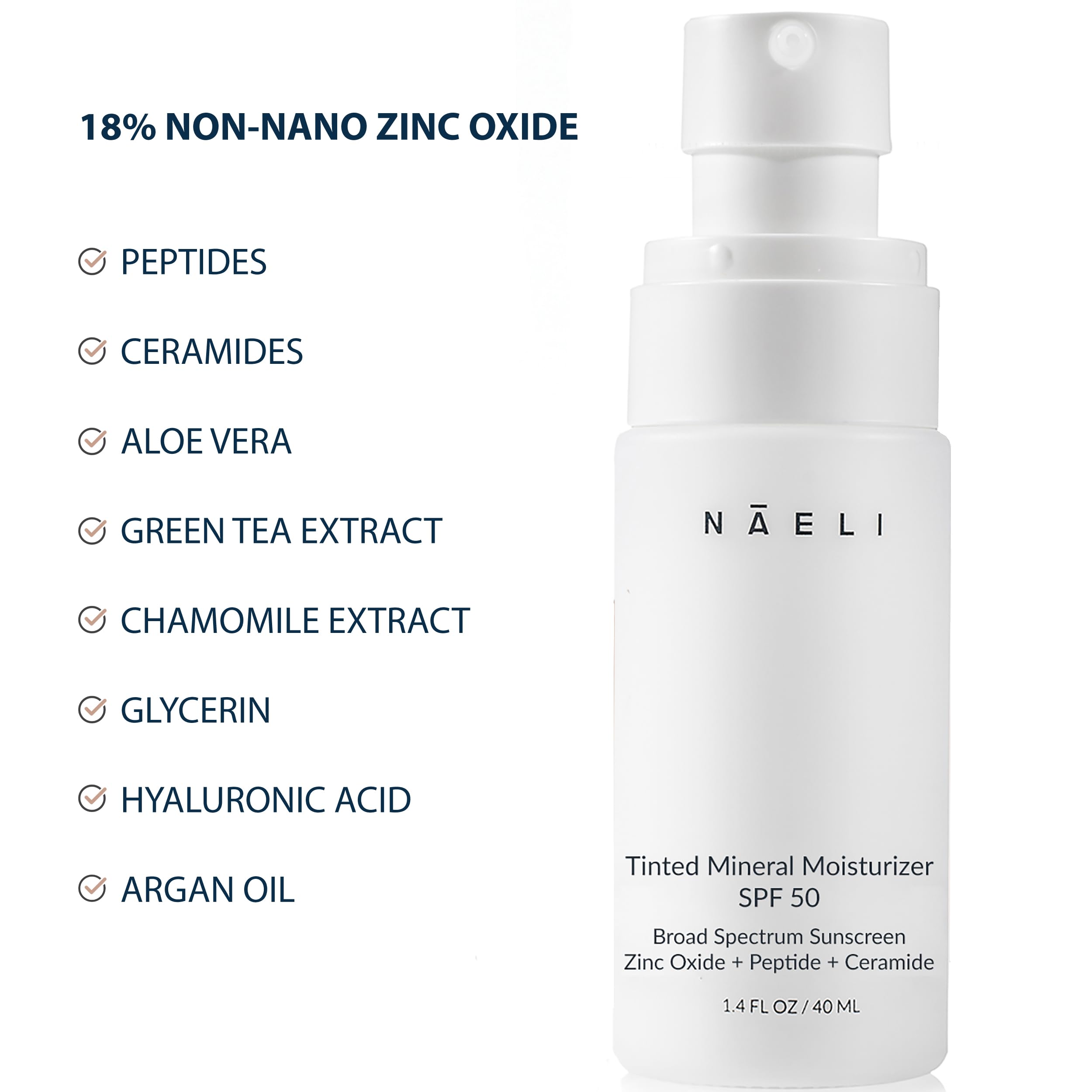 NAELI Anti-Aging Tinted Moisturizer SPF 50 – Mineral Sunscreen with Zinc Oxide, Peptides & Ceramides