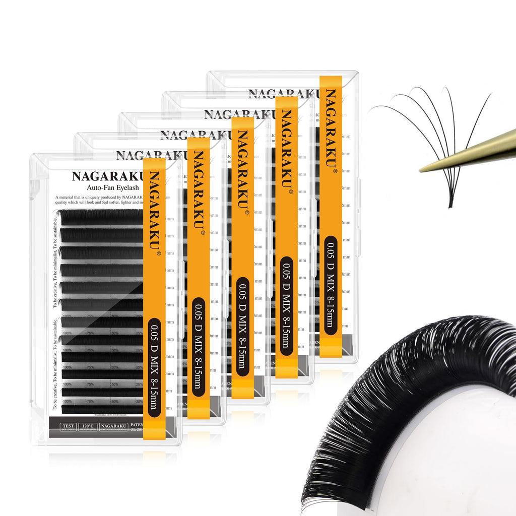 NAGARAKU Easy Fan Eyelash Extensions – 5 Trays in 1 Pack, 0.05 D Curl, 8–15mm Mix