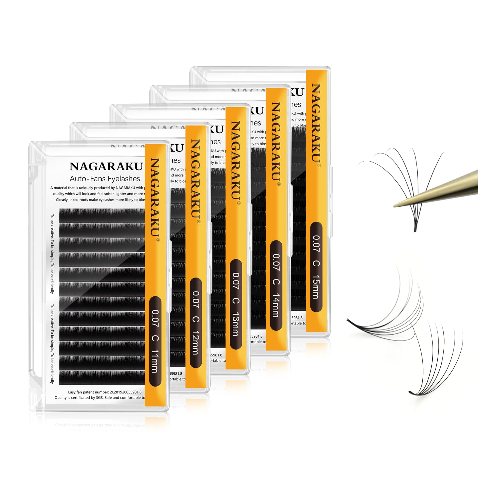 NAGARAKU Easy Fan Eyelash Extensions — 5 Trays in 1 Pack, 0.07 C Curl, 11–15mm, Mega Volume for Beginners
