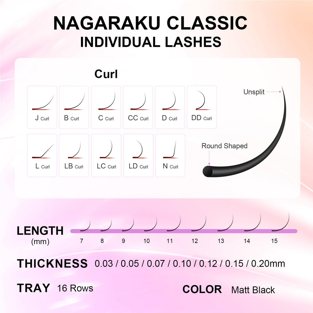 NAGARAKU Eyelash Extensions Classic — J/C/D/N/L/LC/LD, Matte Black