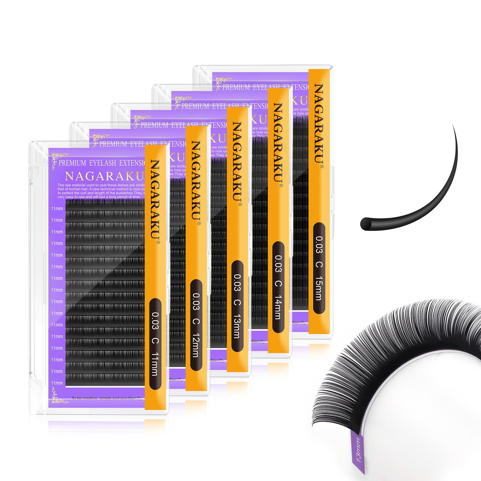 NAGARAKU 5 Trays Eyelash Extensions – 0.20mm D Curl, 11-15mm, Matte Black Pro Faux Mink (16 Rows)