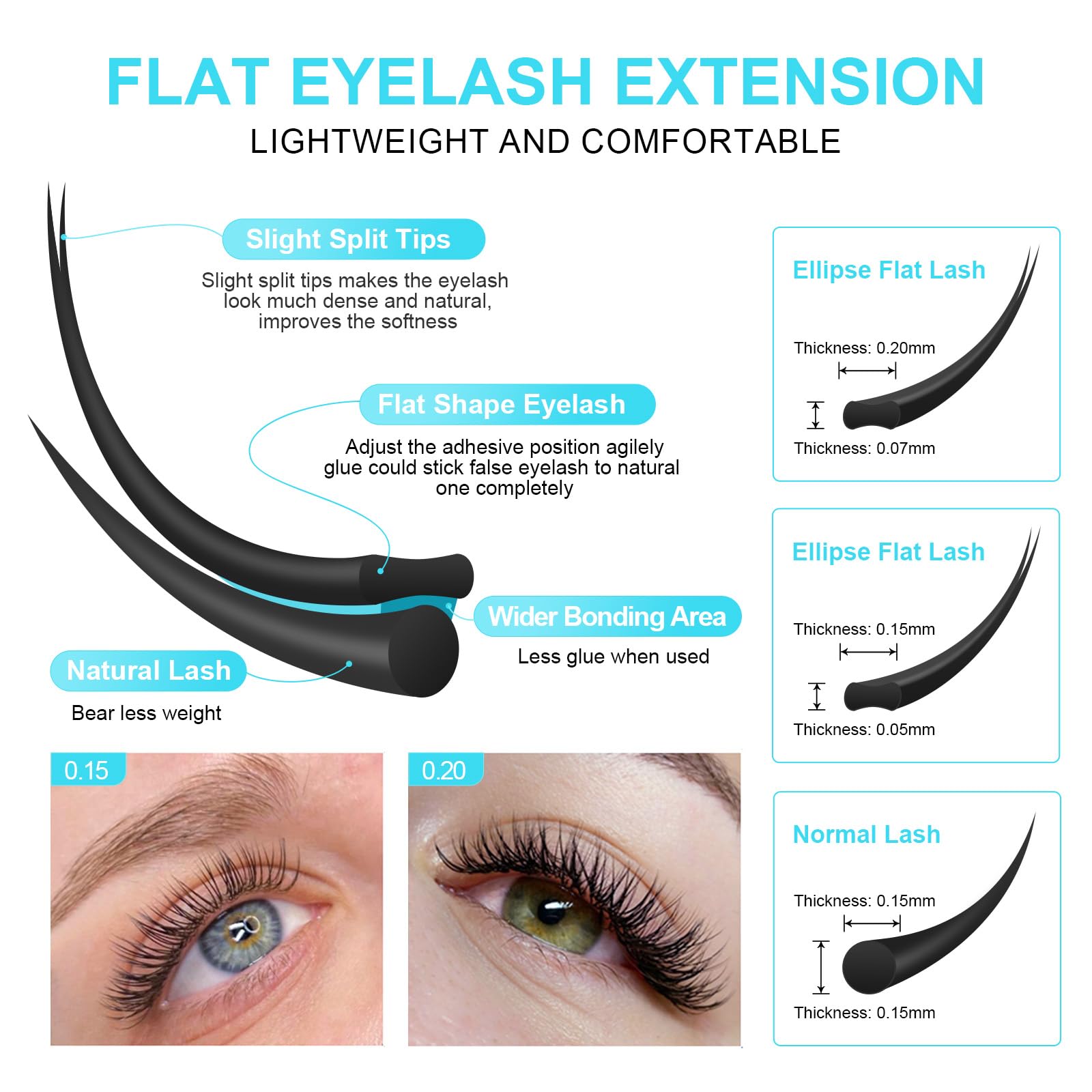 NAGARAKU Double Tips Ellipse Eyelash Extensions – 0.20mm Flat Lashes, D Curl, 14mm, Matte Black, 16 Rows