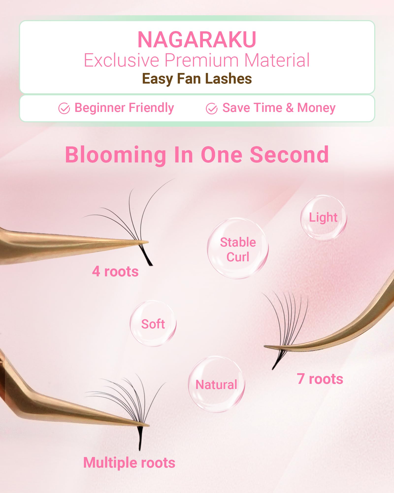 NAGARAKU Easy Fan Eyelash Extensions – 5 Trays in 1 Pack, 0.05 D Curl, 8–15mm Mix
