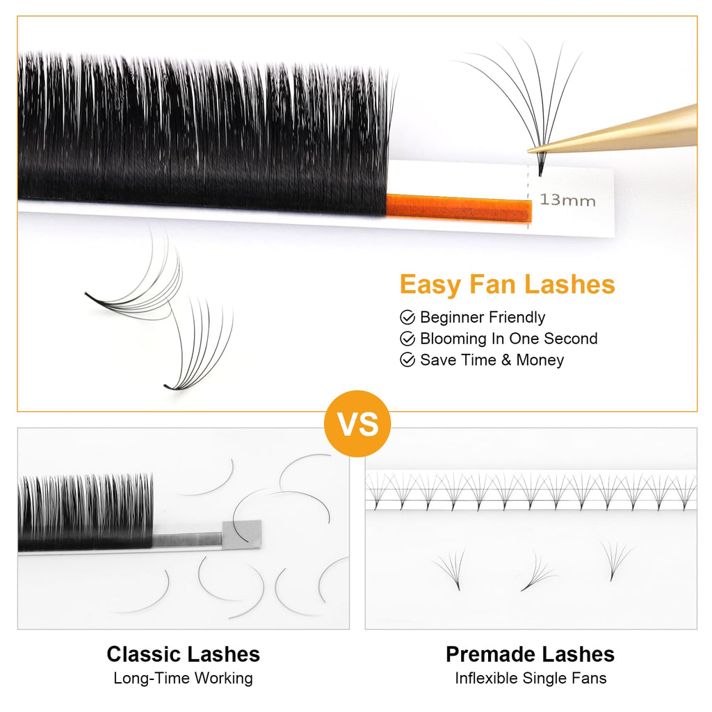 NAGARAKU Easy Fan Eyelash Extensions — 5 Trays in 1 Pack, 0.07 C Curl, 11–15mm, Mega Volume for Beginners