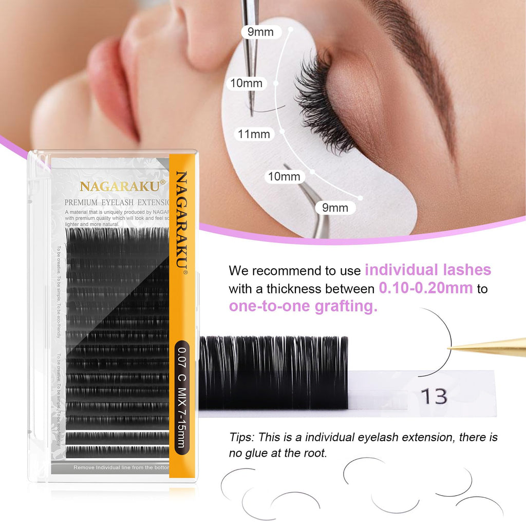 NAGARAKU Eyelash Extensions – Classic J B C D LC LD Curl, Matte Black 0.03-0.20, 5-17mm (0.07-N 10mm)