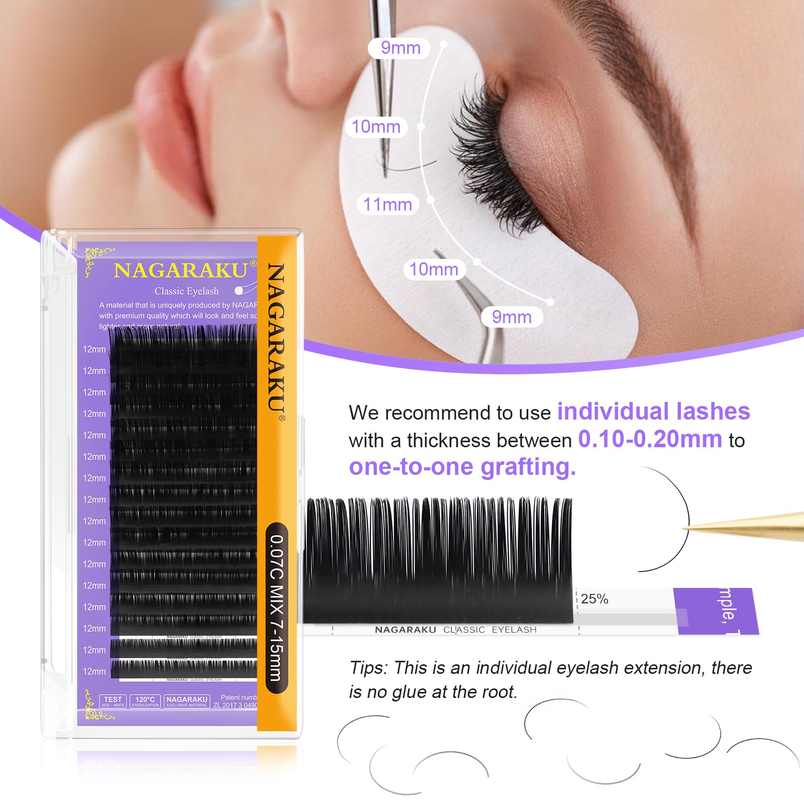NAGARAKU 5 Trays Eyelash Extensions – 0.20mm C Curl 11–15mm, Matte Black, 16 Rows