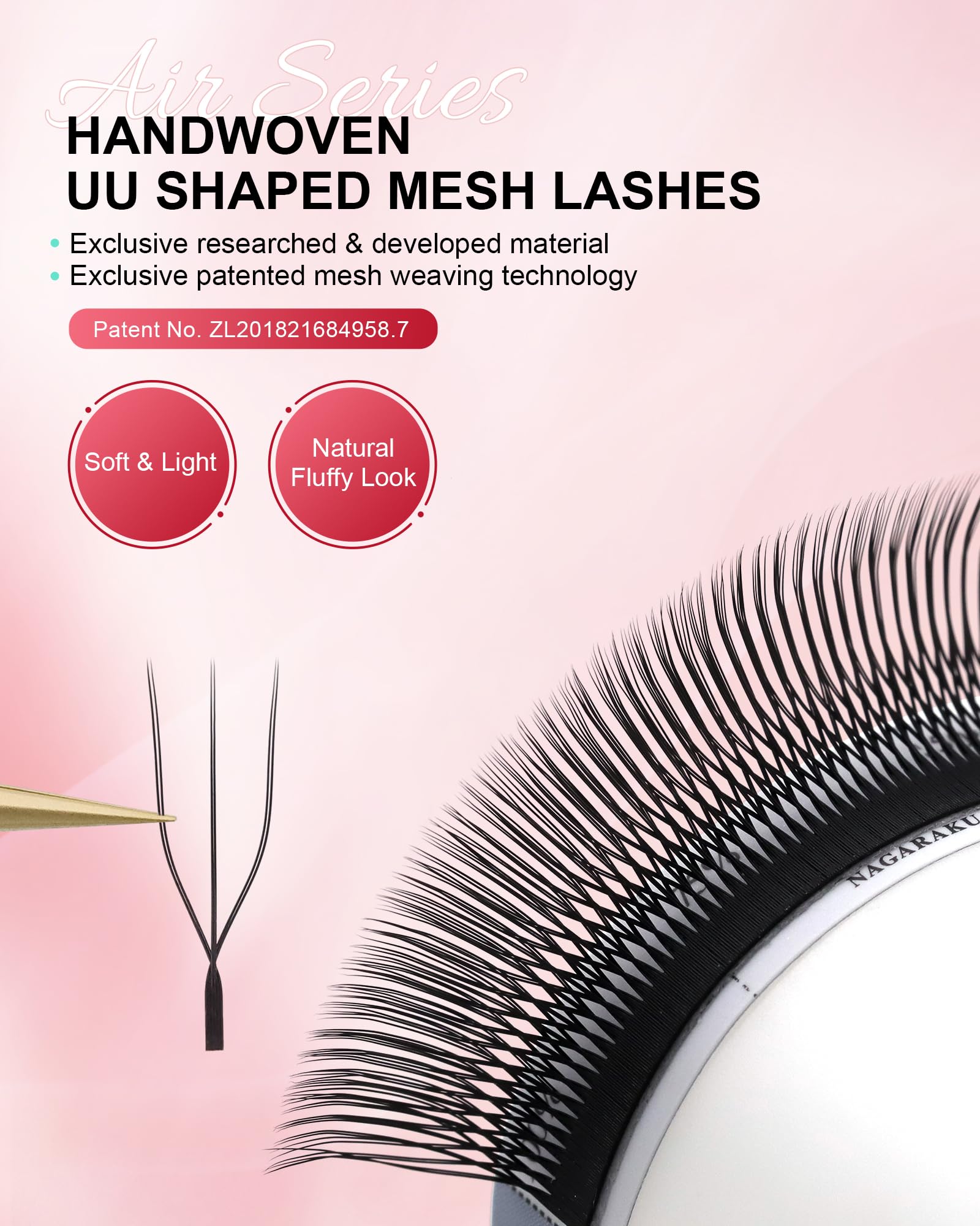 NAGARAKU U Eyelash Extensions 3D UU Lash – Lightweight Crisscross Fans, 9mm 0.07D