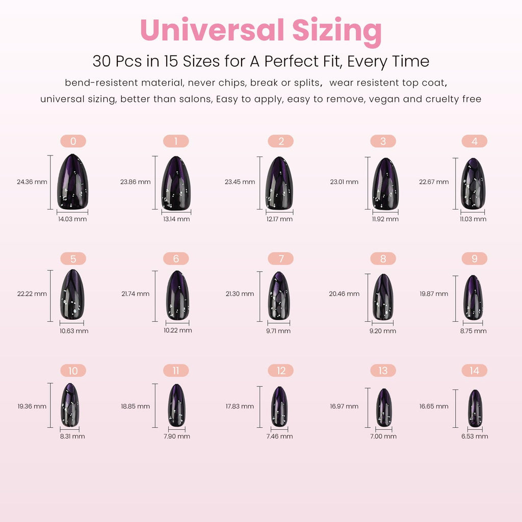 Nail Reformation Almond Press-On Nails – Purple Cat Eye, UV Finish, 15 Sizes, 30 Tips