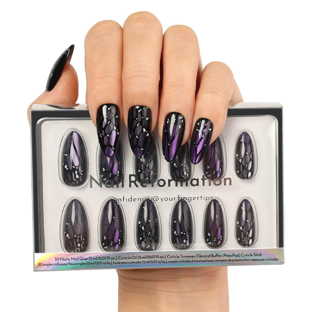 Nail Reformation Almond Press-On Nails – Purple Cat Eye, UV Finish, 15 Sizes, 30 Tips
