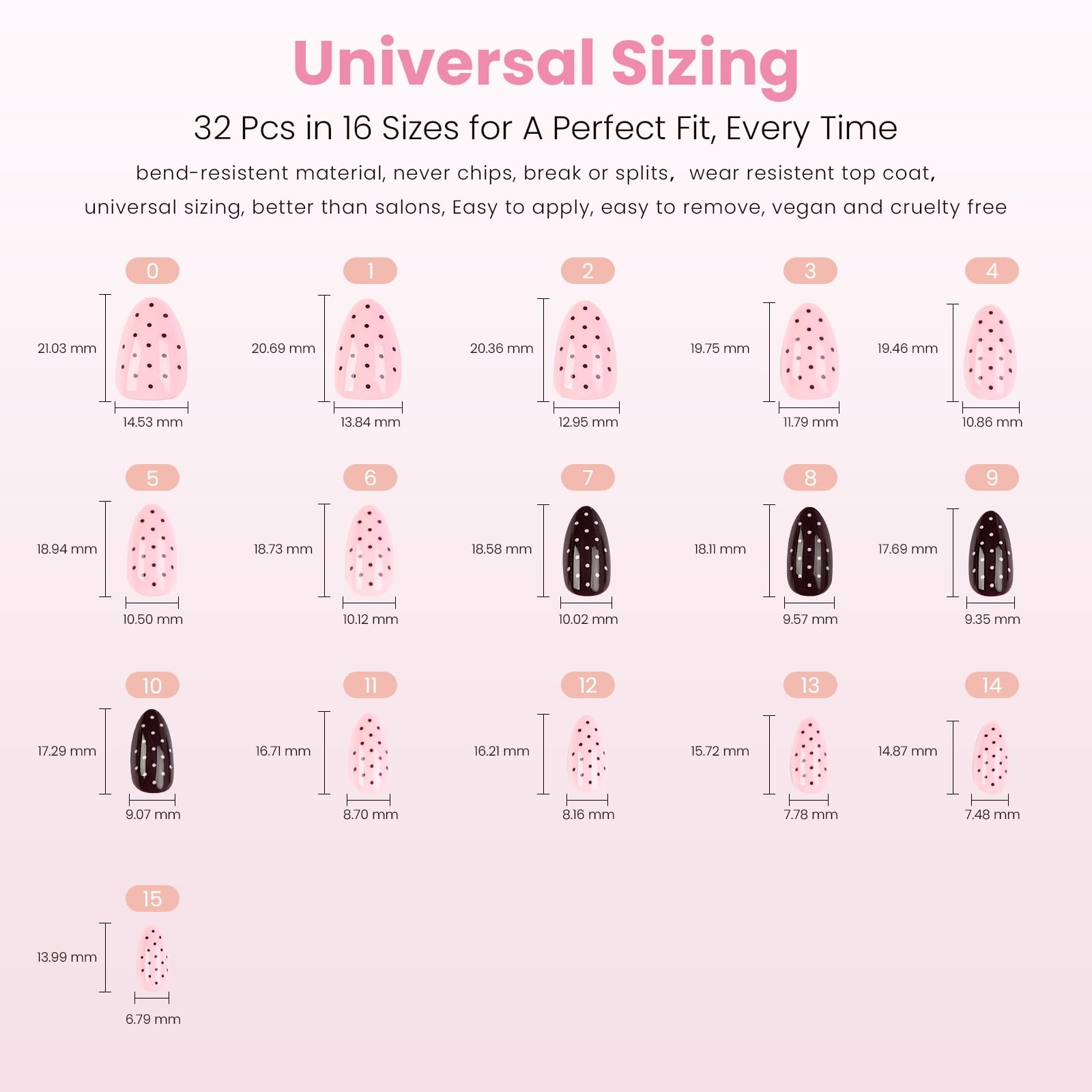 Nail Reformation Polka Dot Almond Press On Nails – Short Pink UV Finish, Reusable, 32 Tips, Glue Included | 16 Sizes