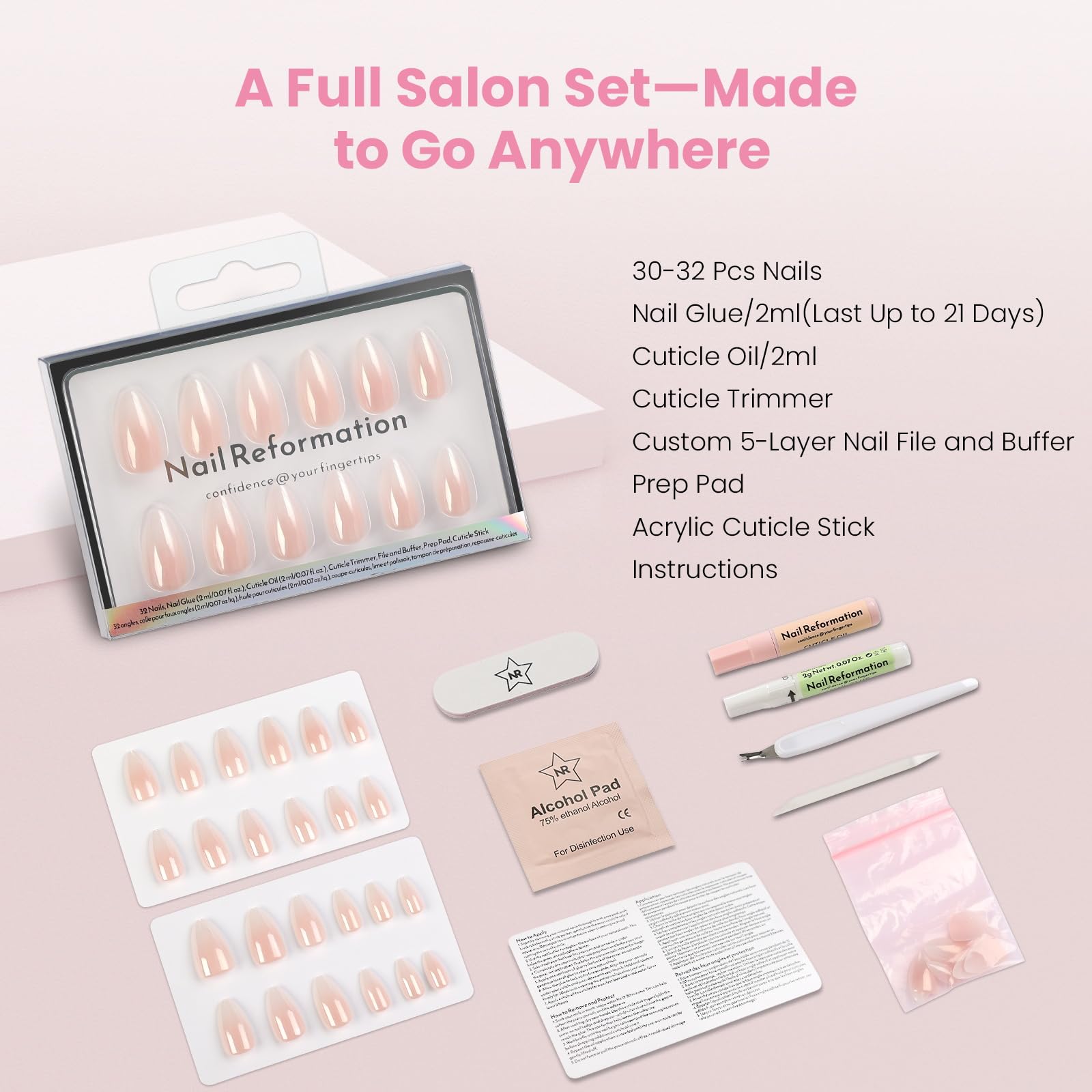 Nail Reformation Almond Nails – Pink Ombre Press On, UV Finish, 32 Tips, 16 Sizes