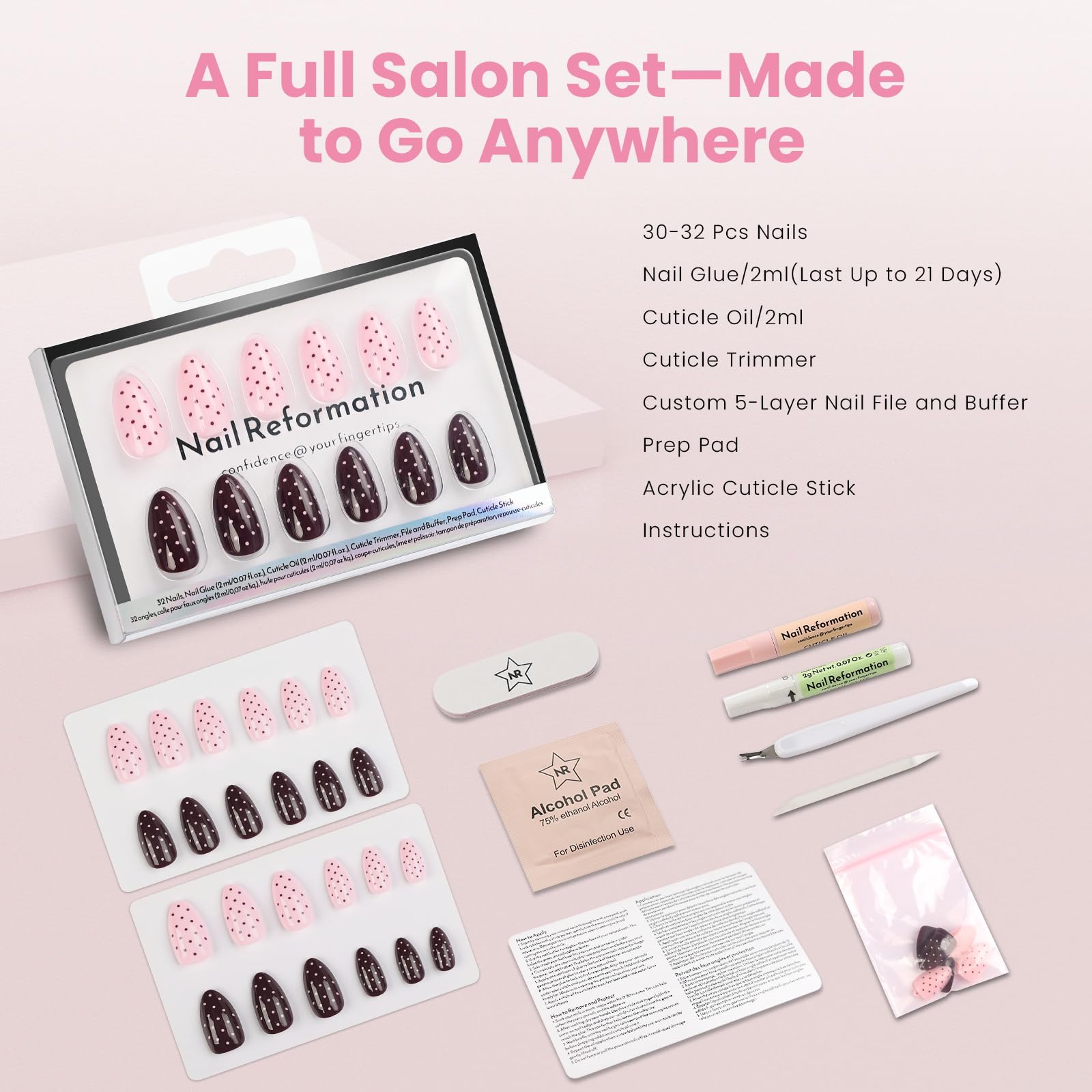 Nail Reformation Polka Dot Almond Press On Nails – Short Pink UV Finish, Reusable, 32 Tips, Glue Included | 16 Sizes