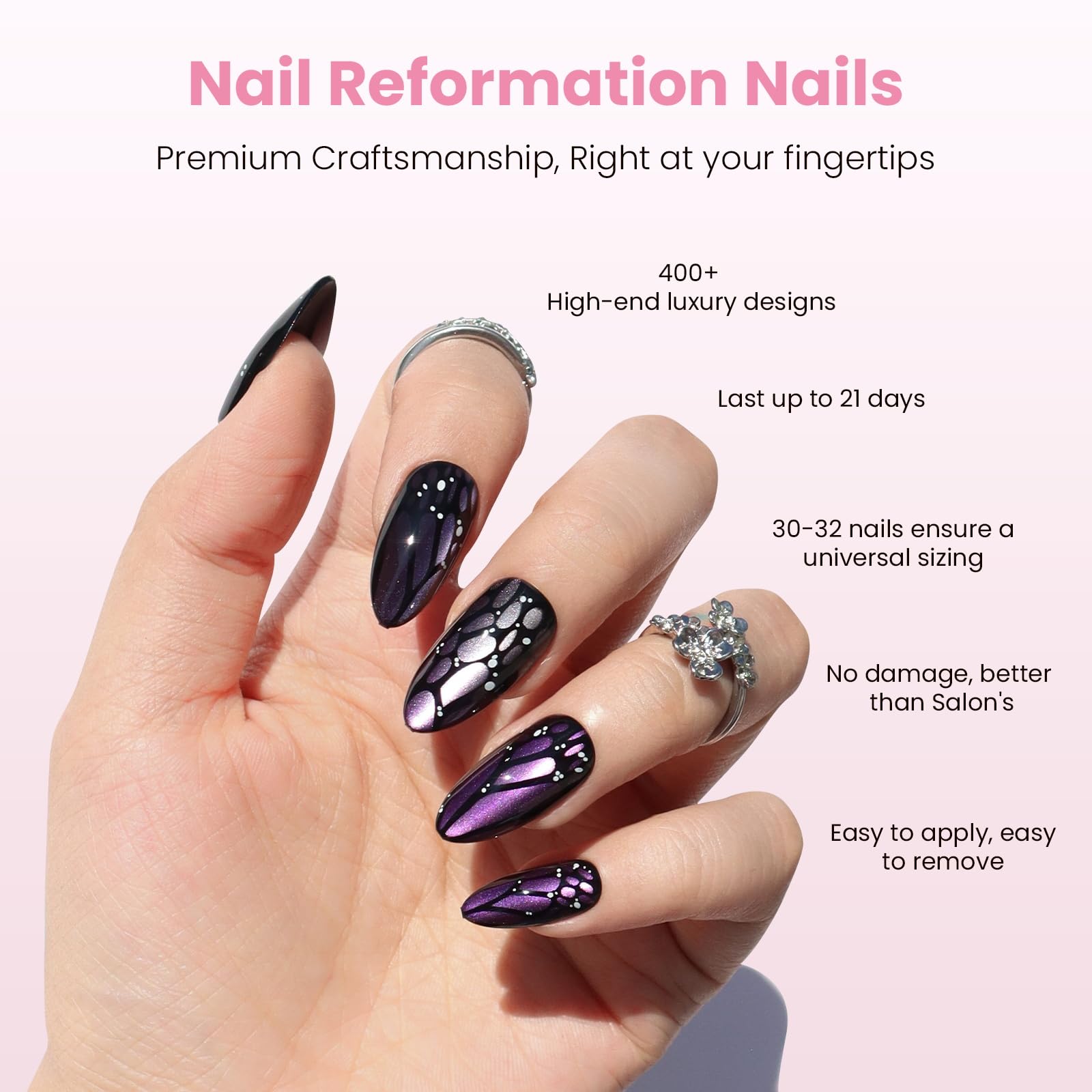 Nail Reformation Almond Press-On Nails – Purple Cat Eye, UV Finish, 15 Sizes, 30 Tips