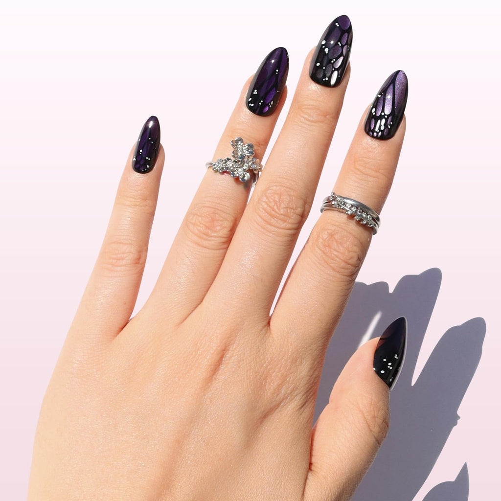 Nail Reformation Almond Press-On Nails – Purple Cat Eye, UV Finish, 15 Sizes, 30 Tips