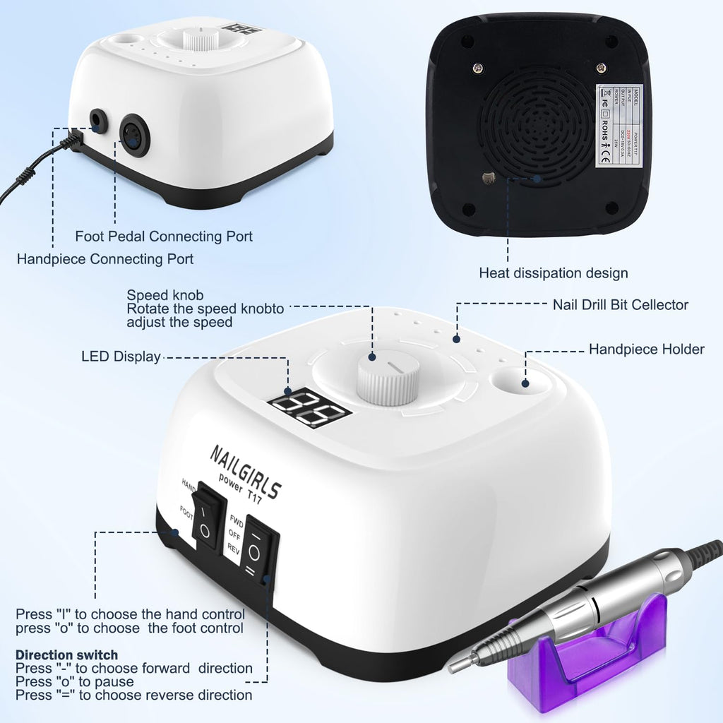 NAILGIRLS Electric Nail Drill 35000RPM – Professional Nail Efile with Foot Pedal, LCD Display for Salon or Home