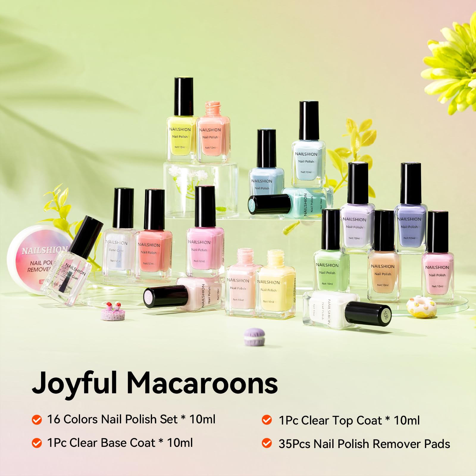 Nailshion Pastel Nail Polish Set - 16 Colors with Base & Top Coat, Remover Pads | Vegan, Air-Dry DIY Kit