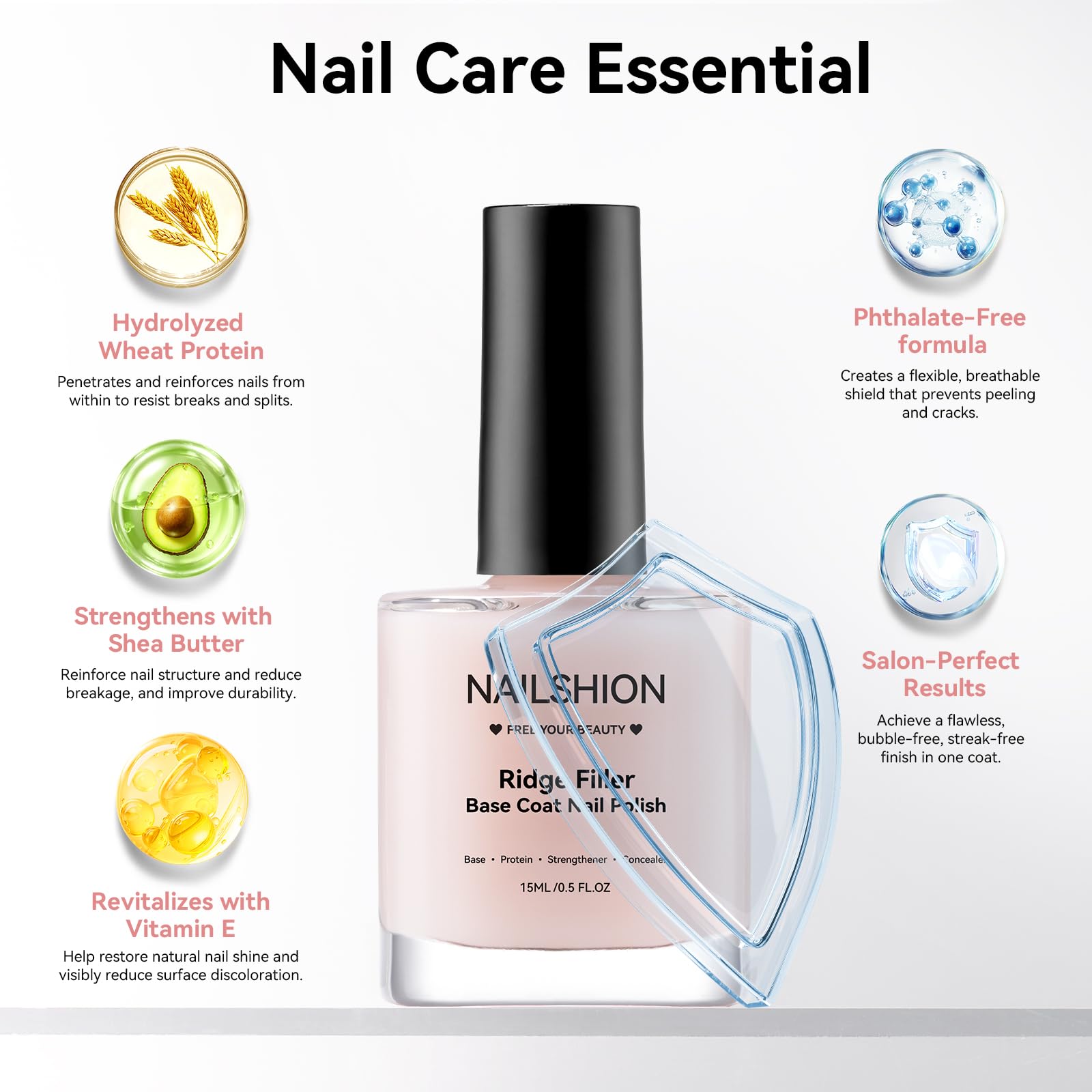Nailshion Ridge Filler Base Coat – 3-in-1 Nail Strengthener & Nourishing Base