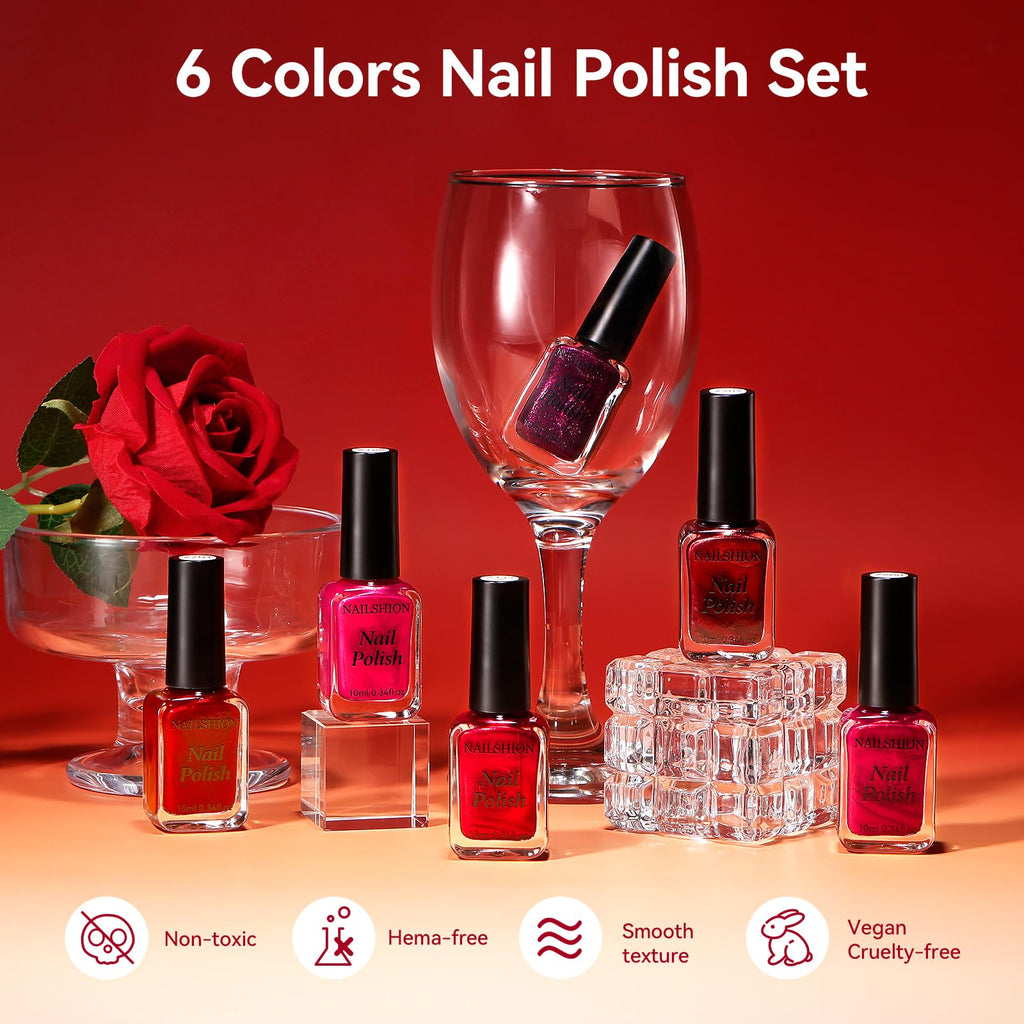 Nailshion Red Nail Polish Set – 6 Vibrant Reds, Quick-Dry, HEMA-Free, 12-Toxic-Free
