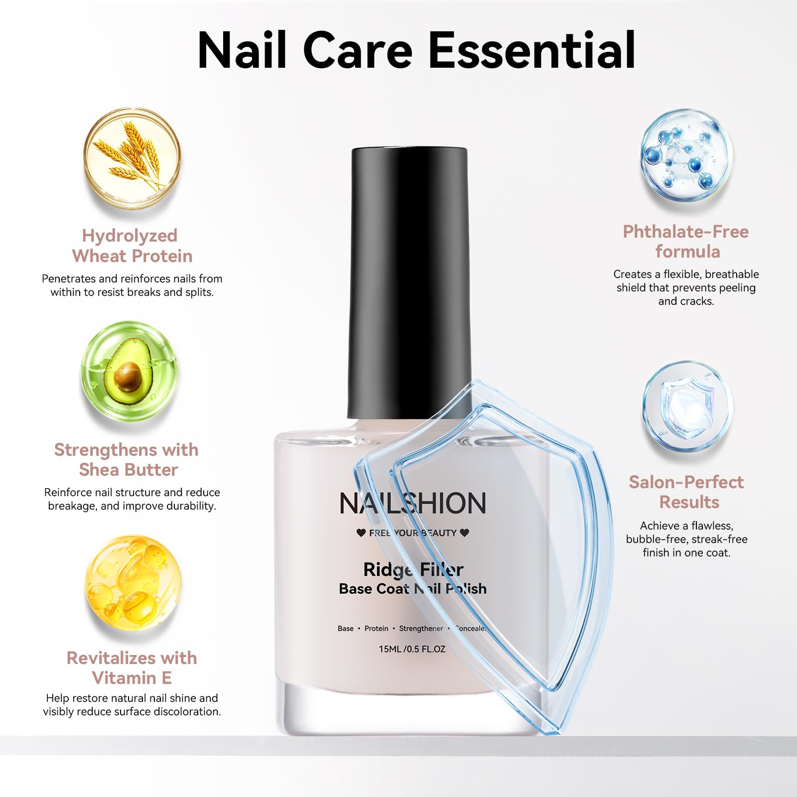 Nailshion Ridge Filler Base Coat 3-in-1 Nail Strengthener – Milky, Vegan, Salon‑Quality at Home