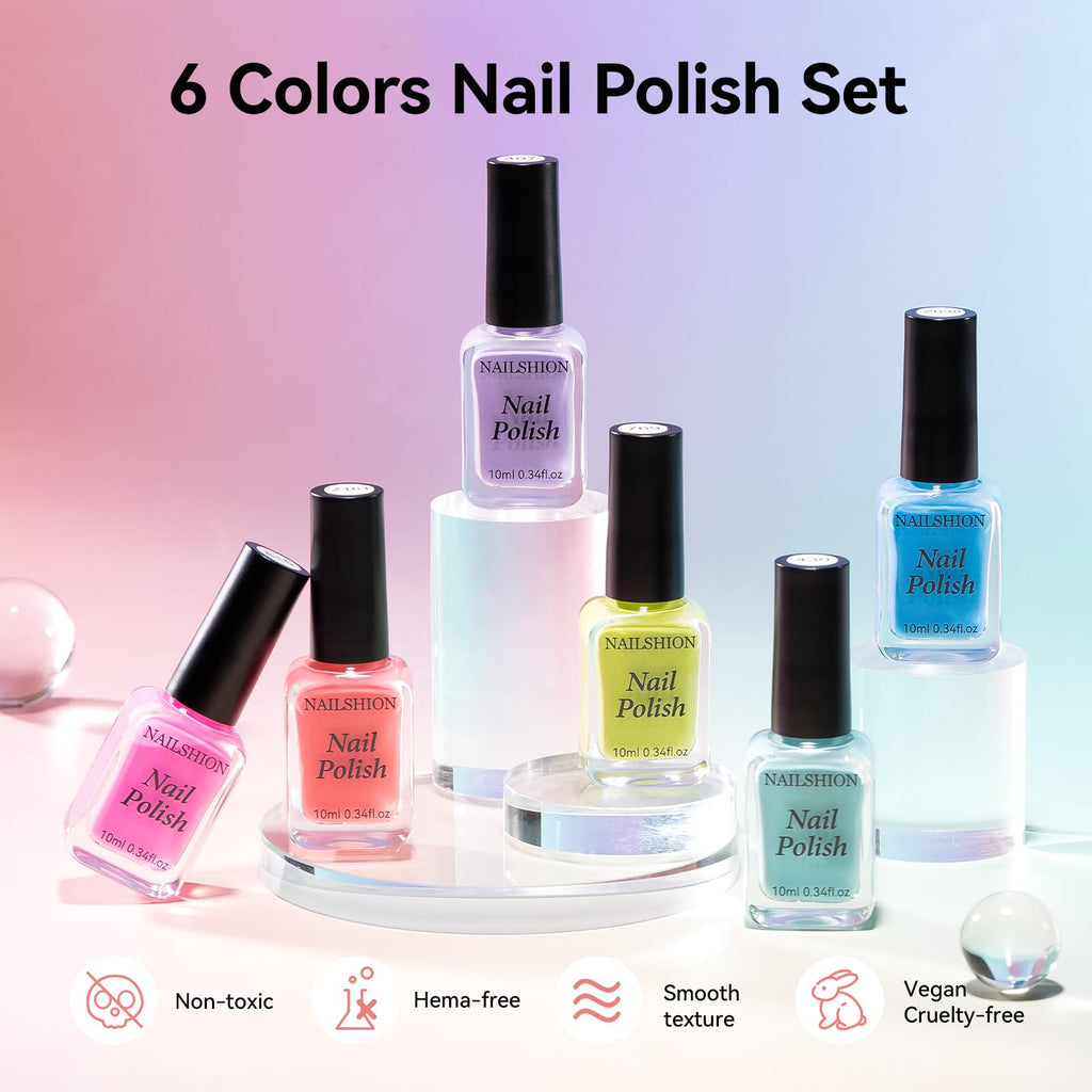 Nailshion Regular Nail Polish Set – 6 Rainbow Colors | Quick Dry, Non-Gel, Castor Oil Rich