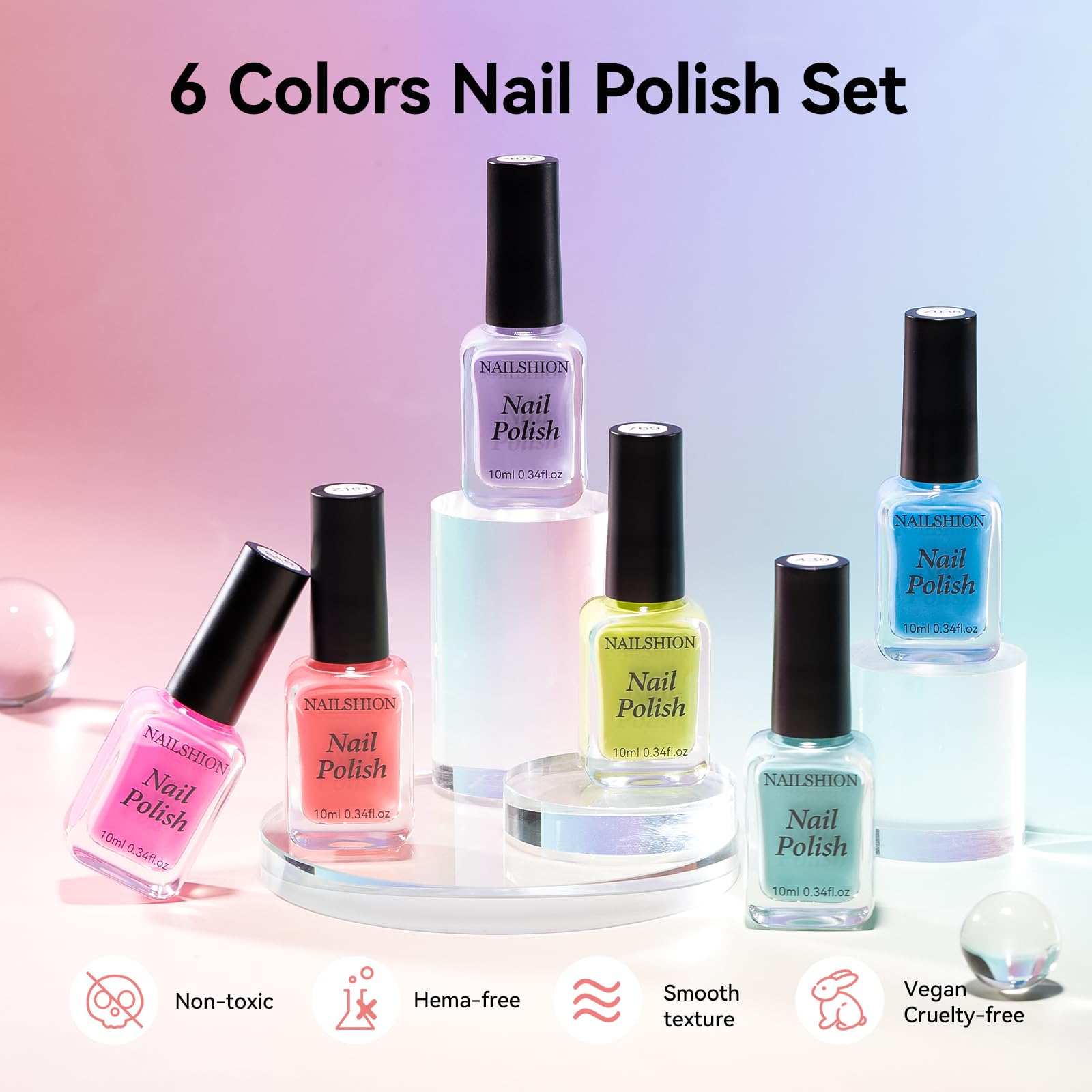 Nailshion Regular Nail Polish Set – 6 Rainbow Colors | Quick Dry, Non-Gel, Castor Oil Rich