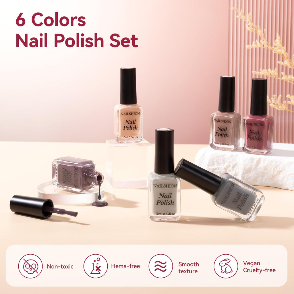 Nailshion Nude Grays Nail Polish Set – 6 Neutral Shades, Fast Air Dry, Vegan & Non-Toxic