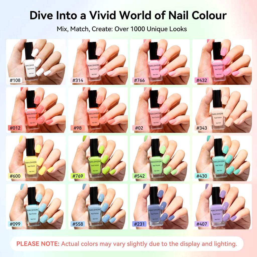 Nailshion Pastel Nail Polish Set - 16 Colors with Base & Top Coat, Remover Pads | Vegan, Air-Dry DIY Kit
