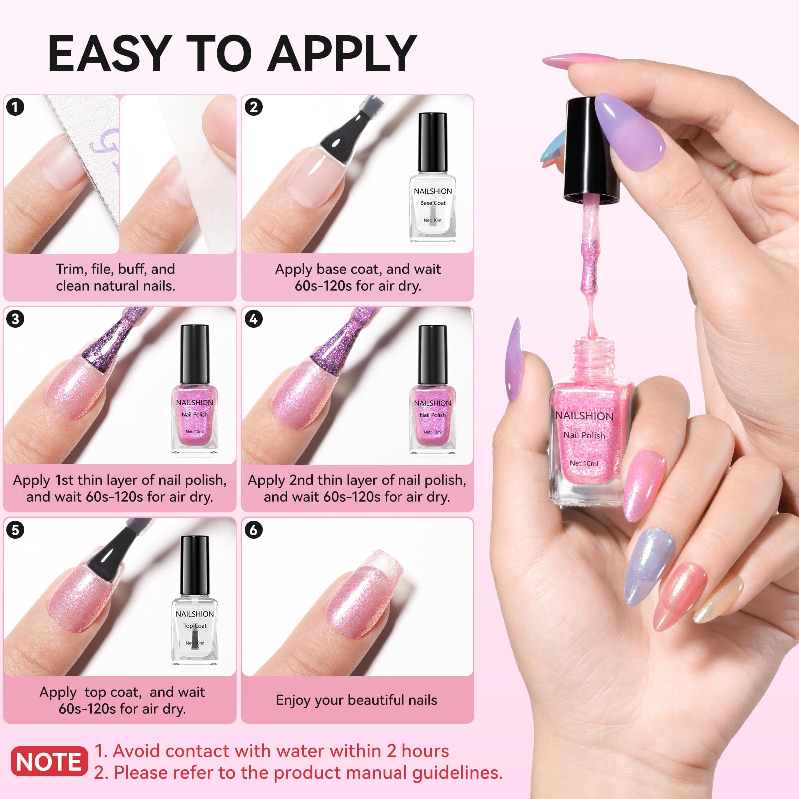 Nailshion Quick Air Dry Nail Polish – 16 Colors, Holographic & Classic Finishes with Base Coat, Remover Pads (Hema-free)