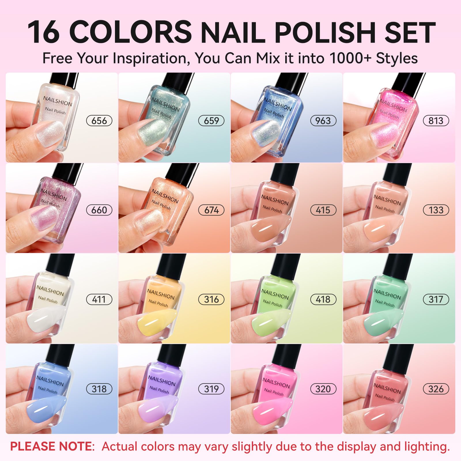 Nailshion Quick Air Dry Nail Polish – 16 Colors, Holographic & Classic Finishes with Base Coat, Remover Pads (Hema-free)