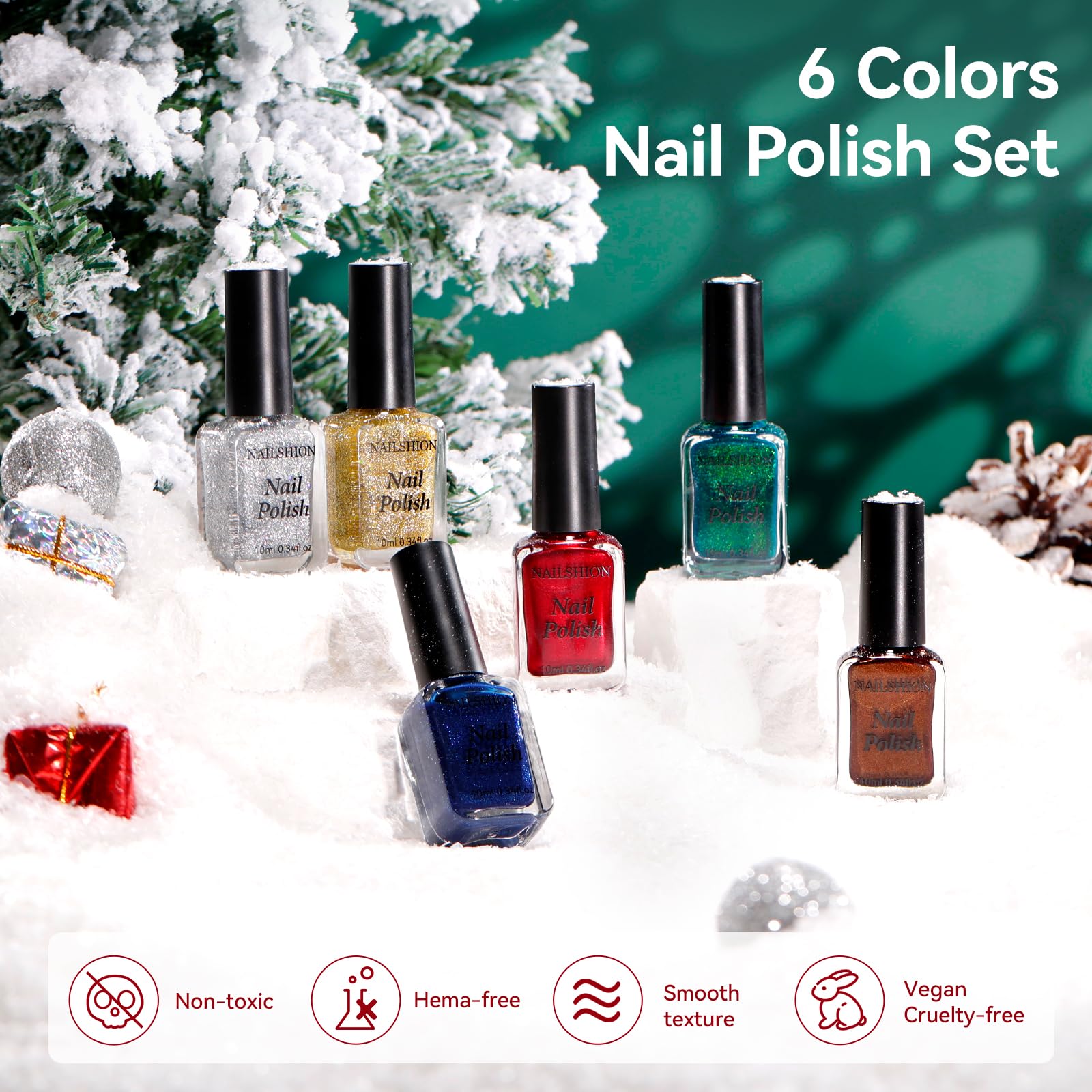 Nailshion Christmas Nail Polish Set – 6 Colors, Quick-Dry, Hema-Free, Salon-Quality