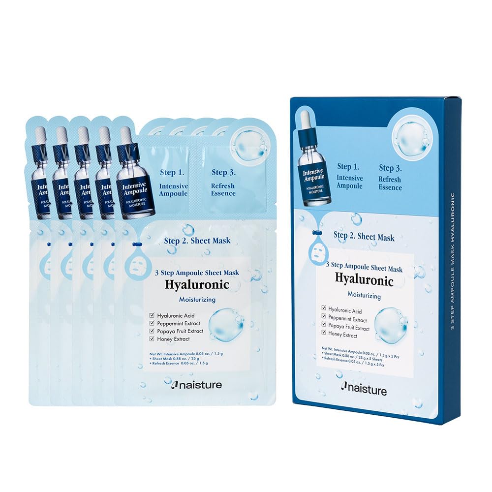 Naisture 3 Step Ampoule Hydrating Sheet Mask Set | Elasticity, Smoothing & Moisture | Korean Skincare Kit (5 pcs)