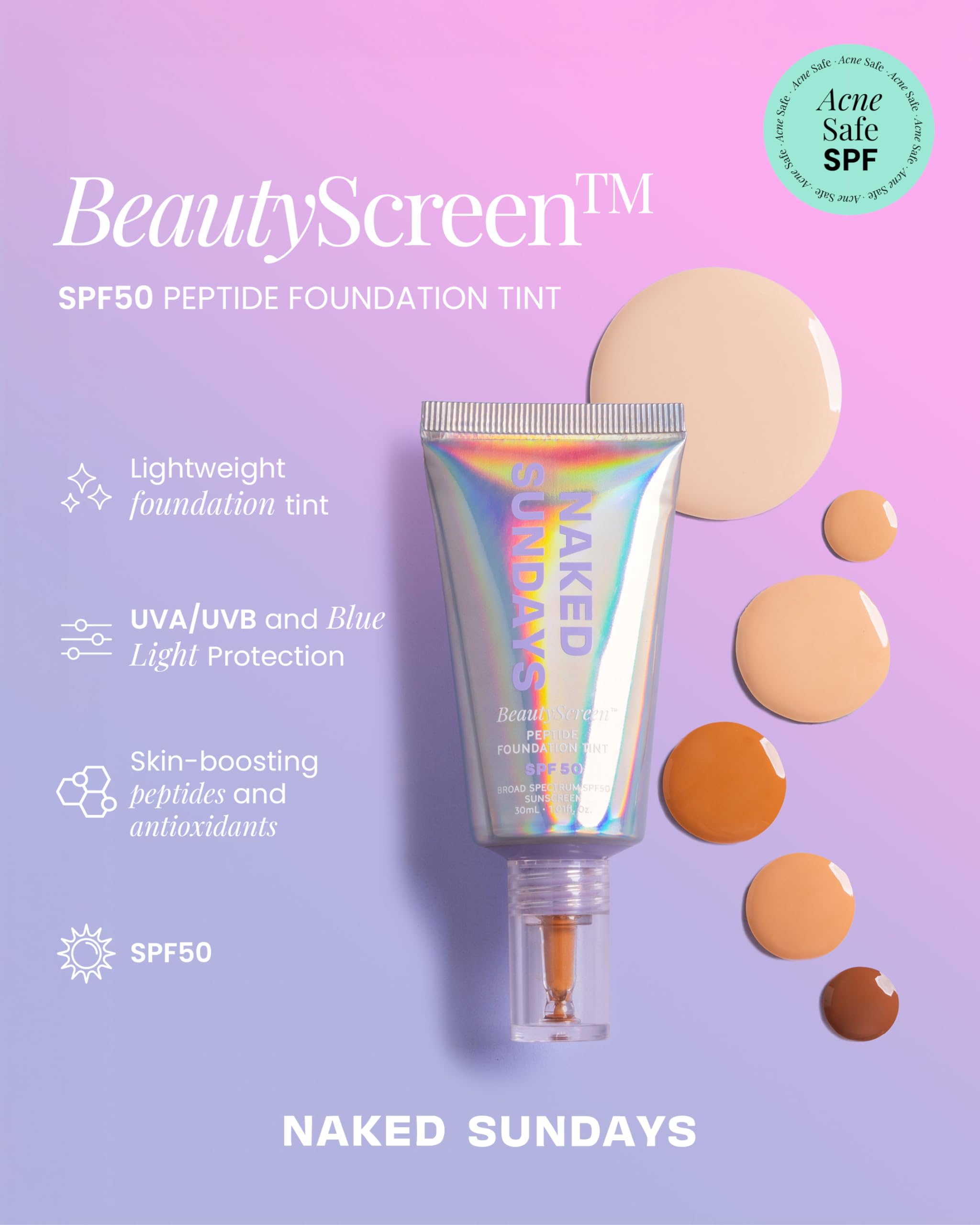 Naked Sundays BeautyScreen SPF 50 Peptide Foundation Tint – Light Neutral 2.5, 1.01 oz