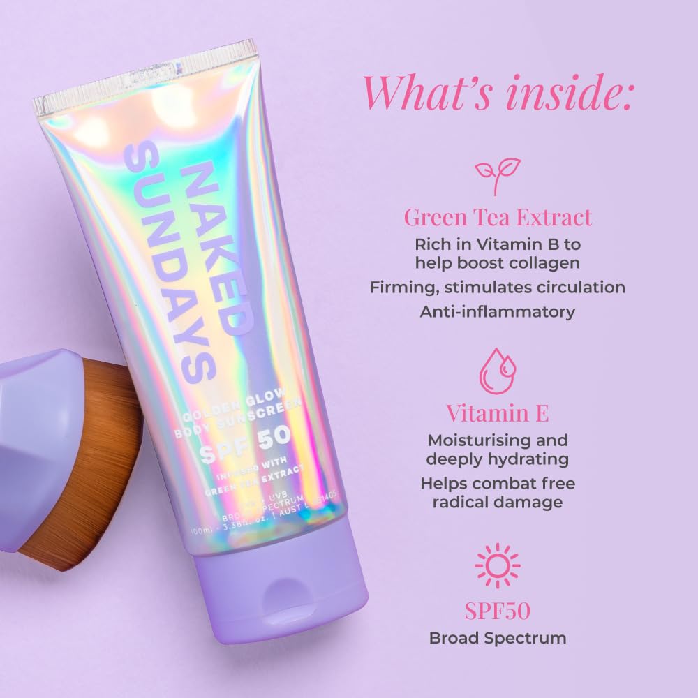 Naked Sundays SPF50 Golden Glow Body Sunscreen – Fragrance-Free, Non-Transfer, 100ml