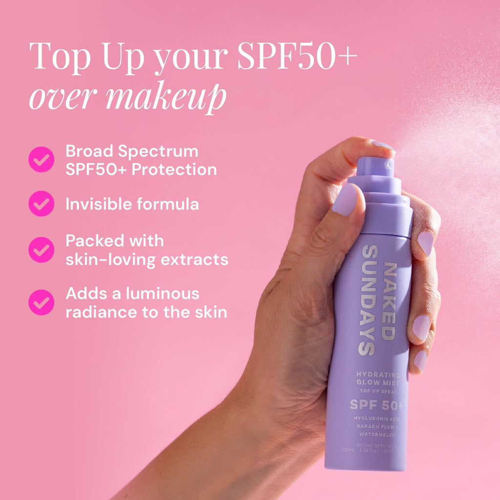 Naked Sundays SPF 50 Hydrating Glow Face Mist – Daily Sunscreen Setting Spray with Hyaluronic Acid (75ml)
