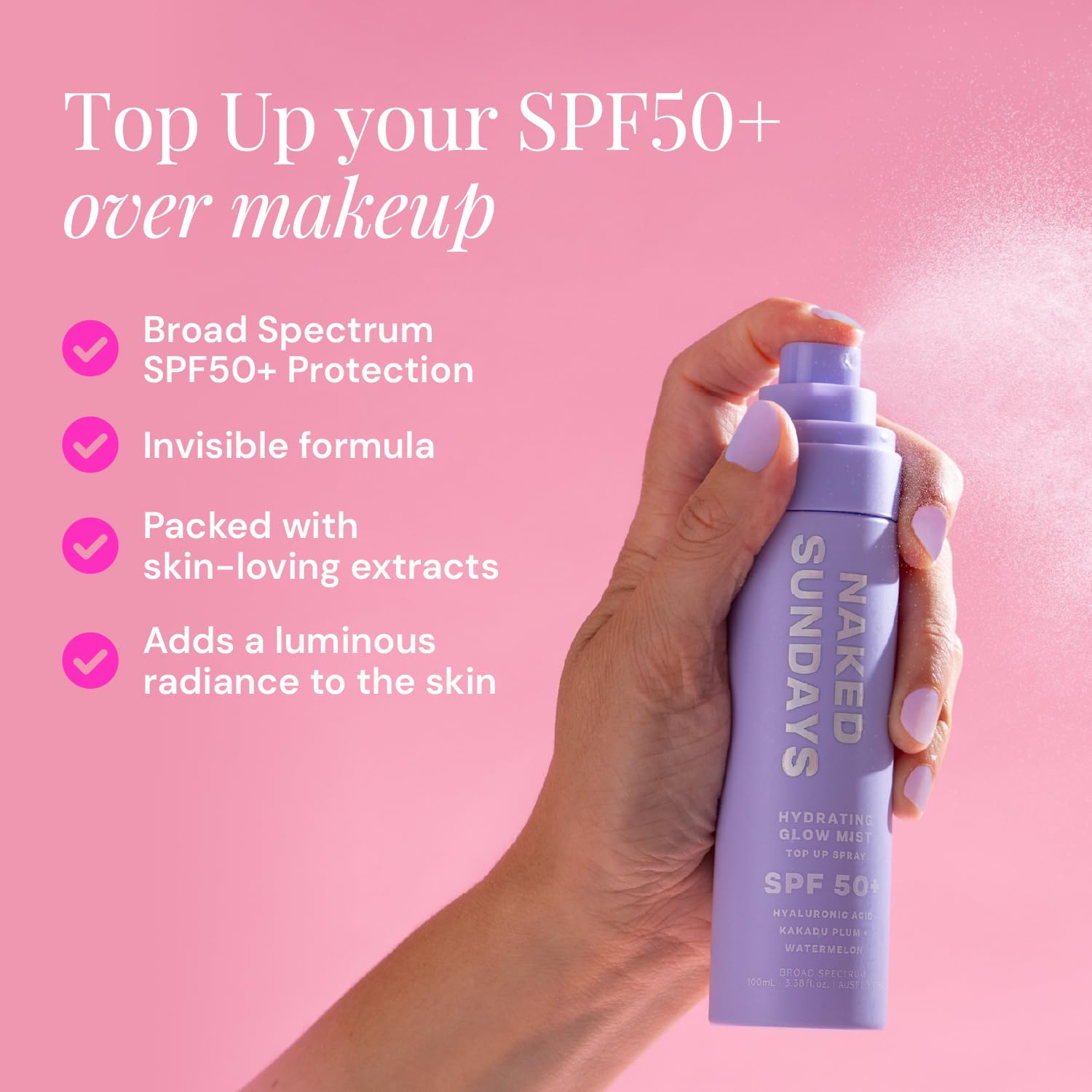 Naked Sundays SPF 50 Hydrating Glow Face Mist – Daily Sunscreen Setting Spray with Hyaluronic Acid (75ml)