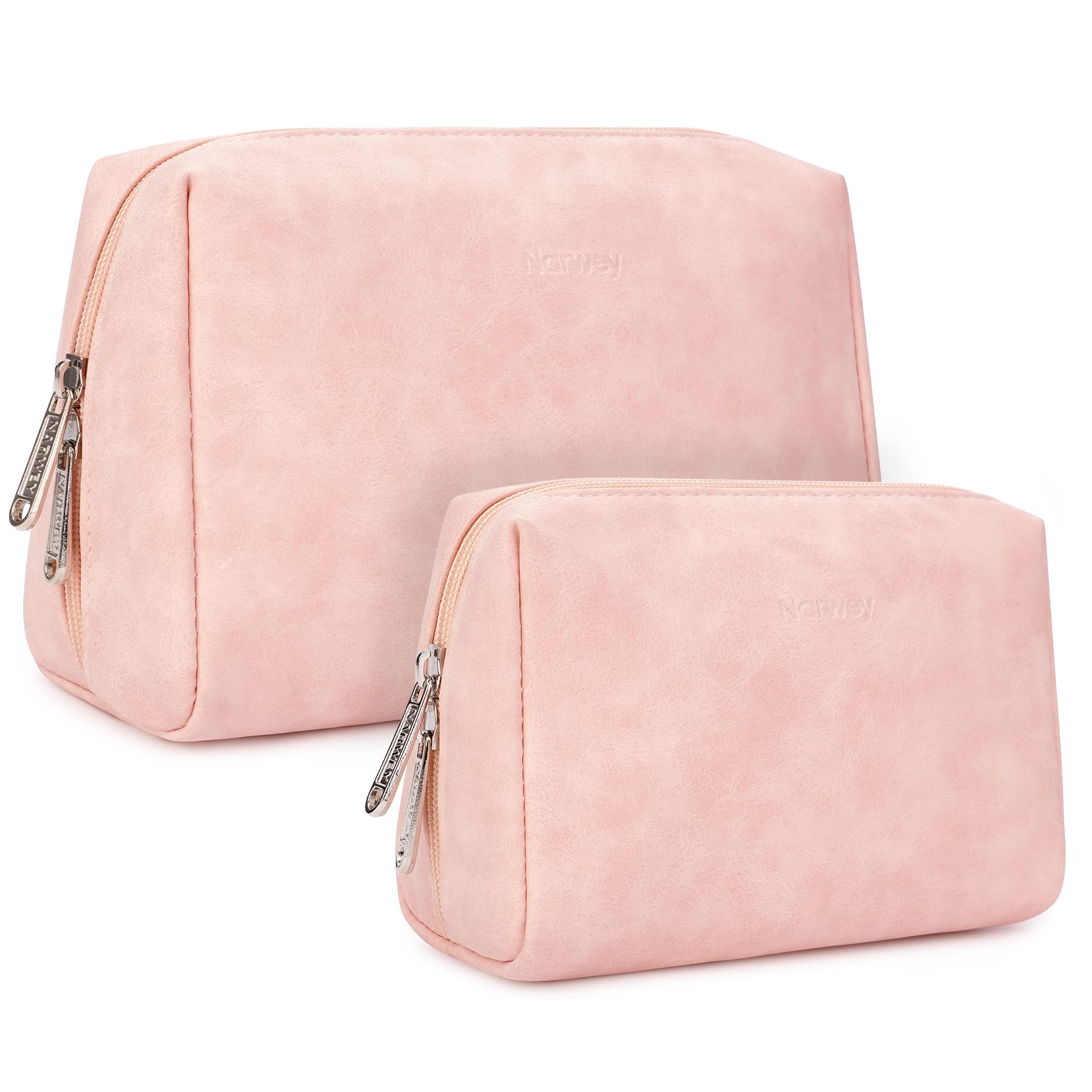 Narwey 2 Pack Vegan Leather Makeup Bags | Large & Small Zipper Pouches for Travel – Orange Pink