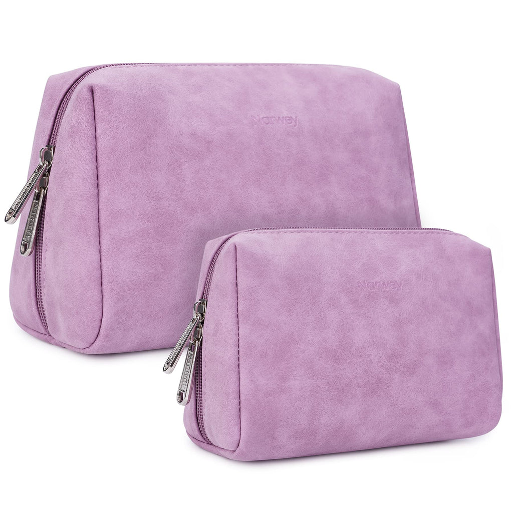 Narwey 2 Pack Vegan Leather Makeup Bags – Large & Small Zipper Pouches for Travel (Purple)
