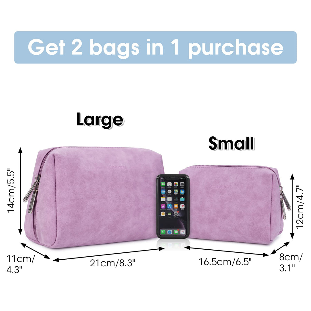 Narwey 2 Pack Vegan Leather Makeup Bags – Large & Small Zipper Pouches for Travel (Purple)
