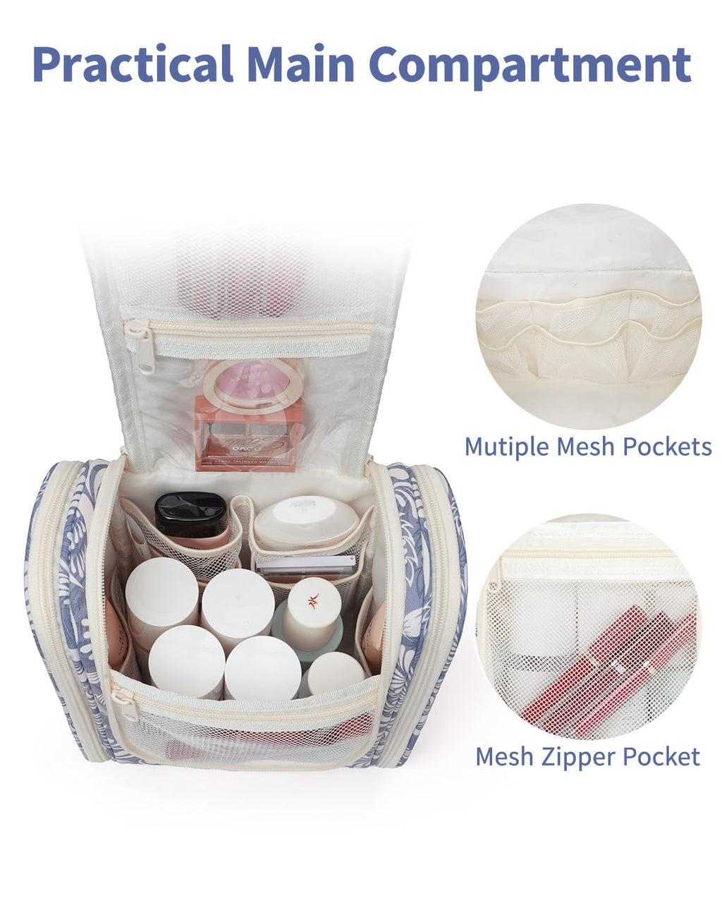 Narwey Small Hanging Toiletry Bag – Medium, Blue Leaf | Travel Makeup Organizer