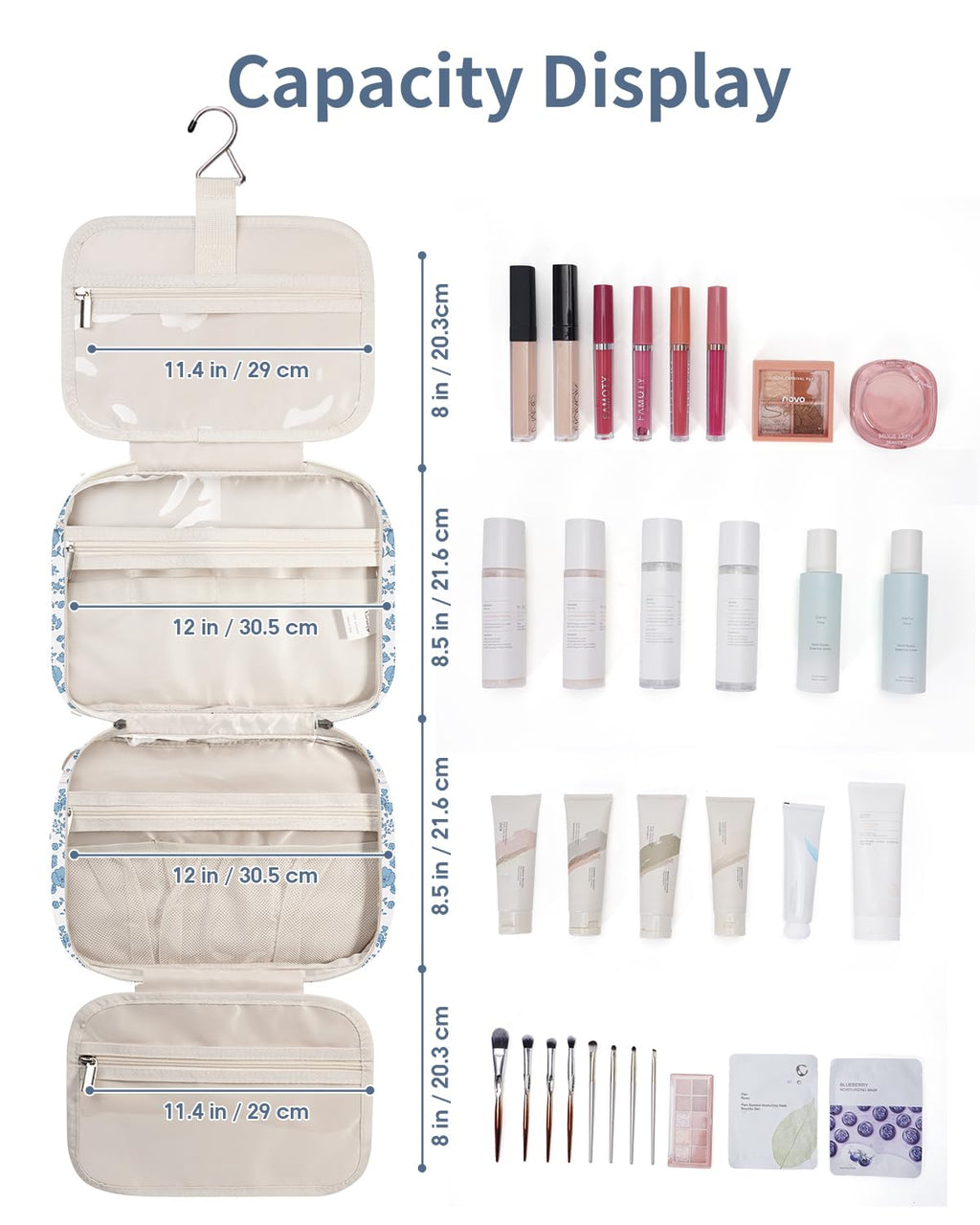 Narwey Travel Toiletry Bag Large Hanging Organizer – Little Blue Flower