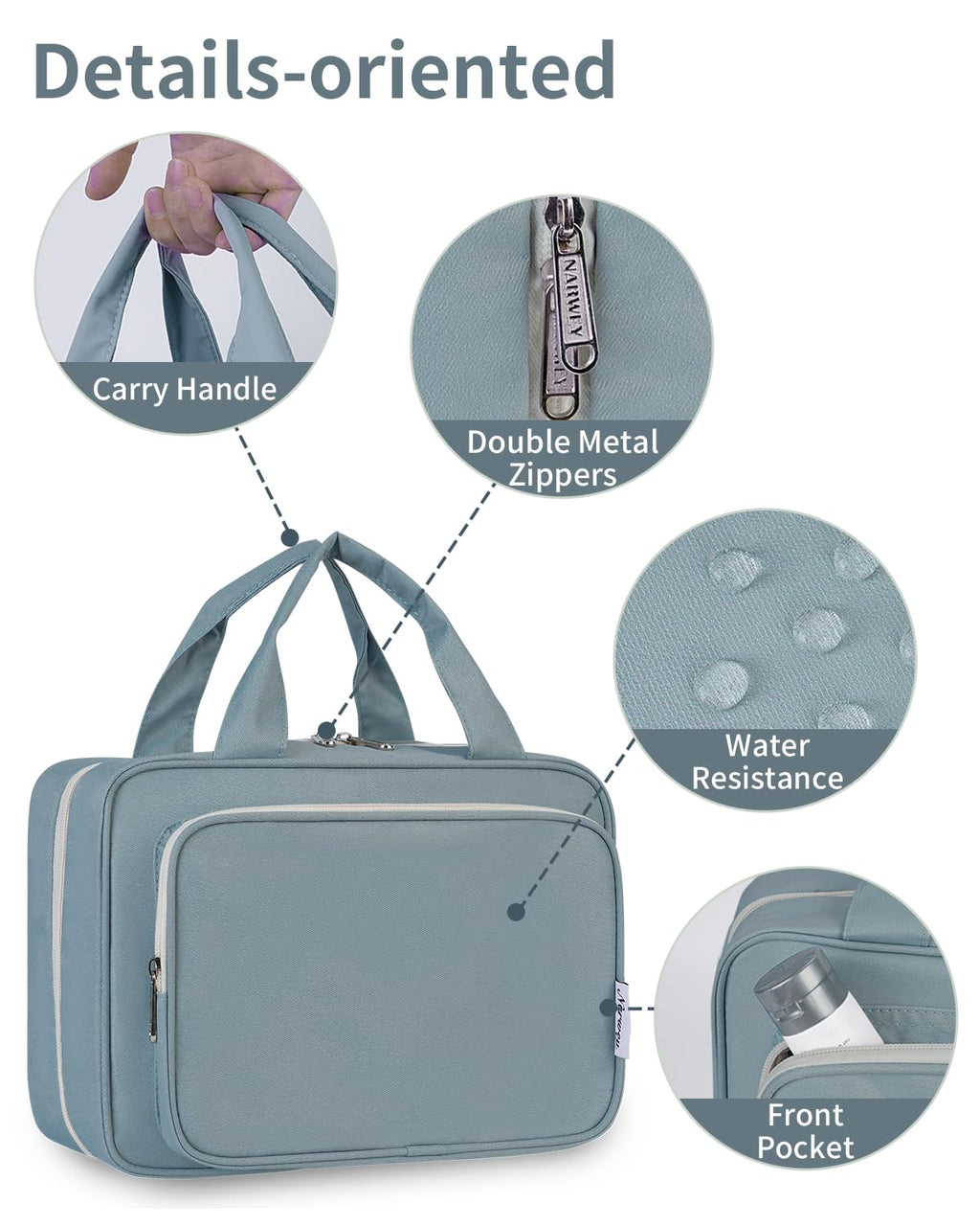 Narwey Travel Toiletry Bag for Women - Large Hanging Organizer, Greyish Blue